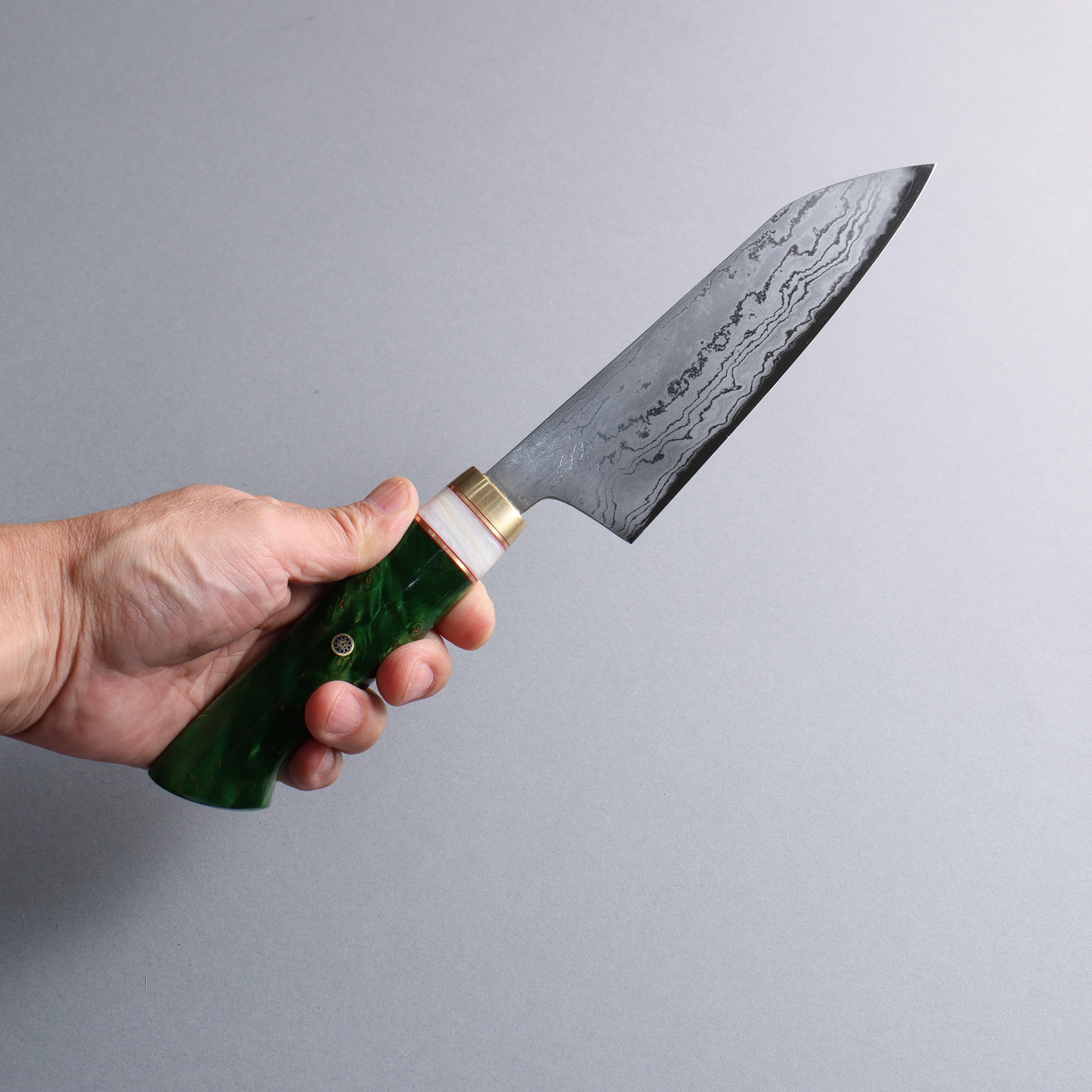 Daisuke Nishida White Steel No.1 Damascus Small Santoku 150mm Green Marble Acrylic Handle - Japanny - Best Japanese Knife