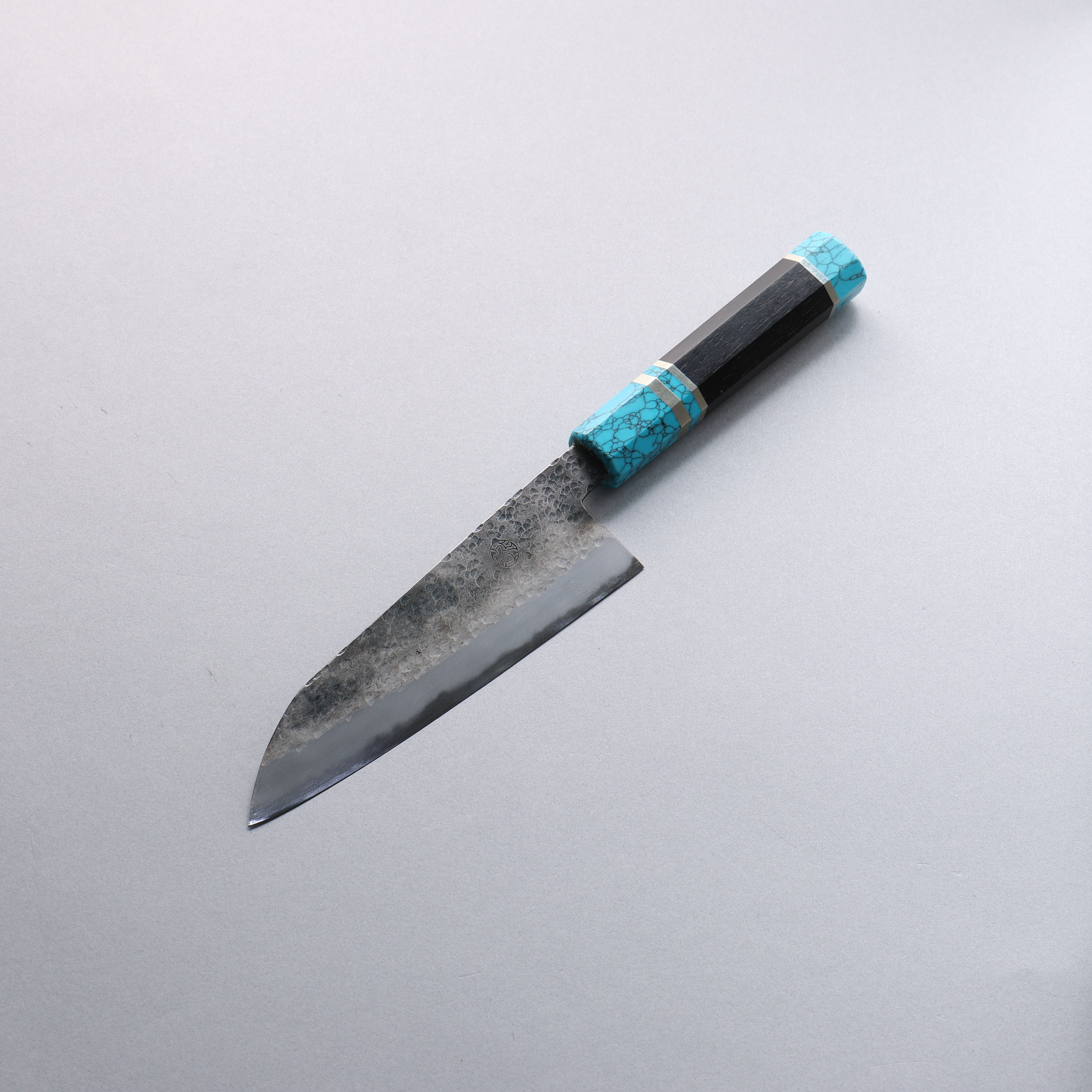 Daisuke Nishida White Steel No.1 Hammered Santoku 165mm Rosewood with Siver Rngs and Blue turquoise Ferrule and End Cap Handle - Japanny - Best Japanese Knife