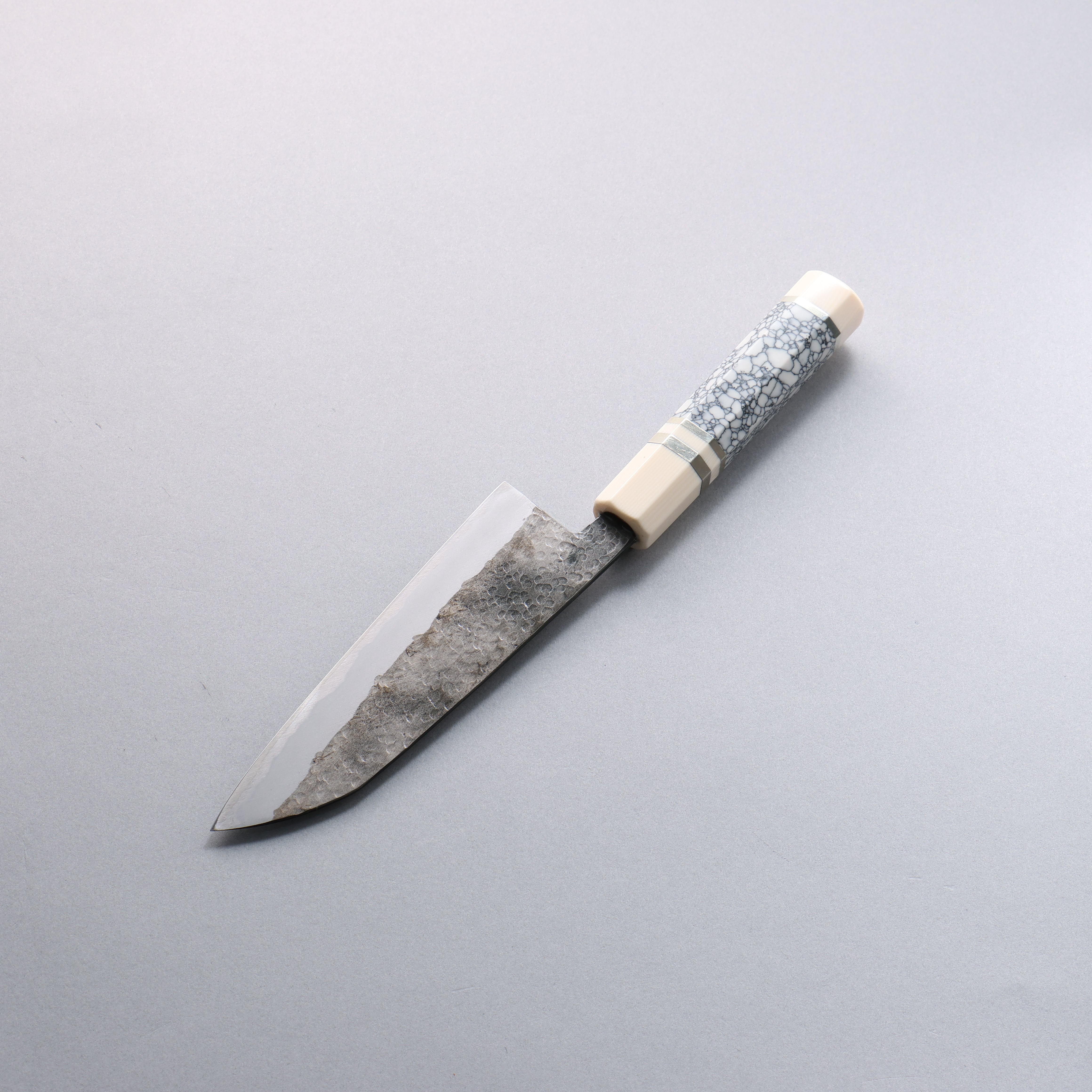 Daisuke Nishida White Steel No.1 Hammered Santoku 165mm White turquoise with Silver Rings and Imitation Ivory Ferrule and End Cap Handle - Japanny - Best Japanese Knife