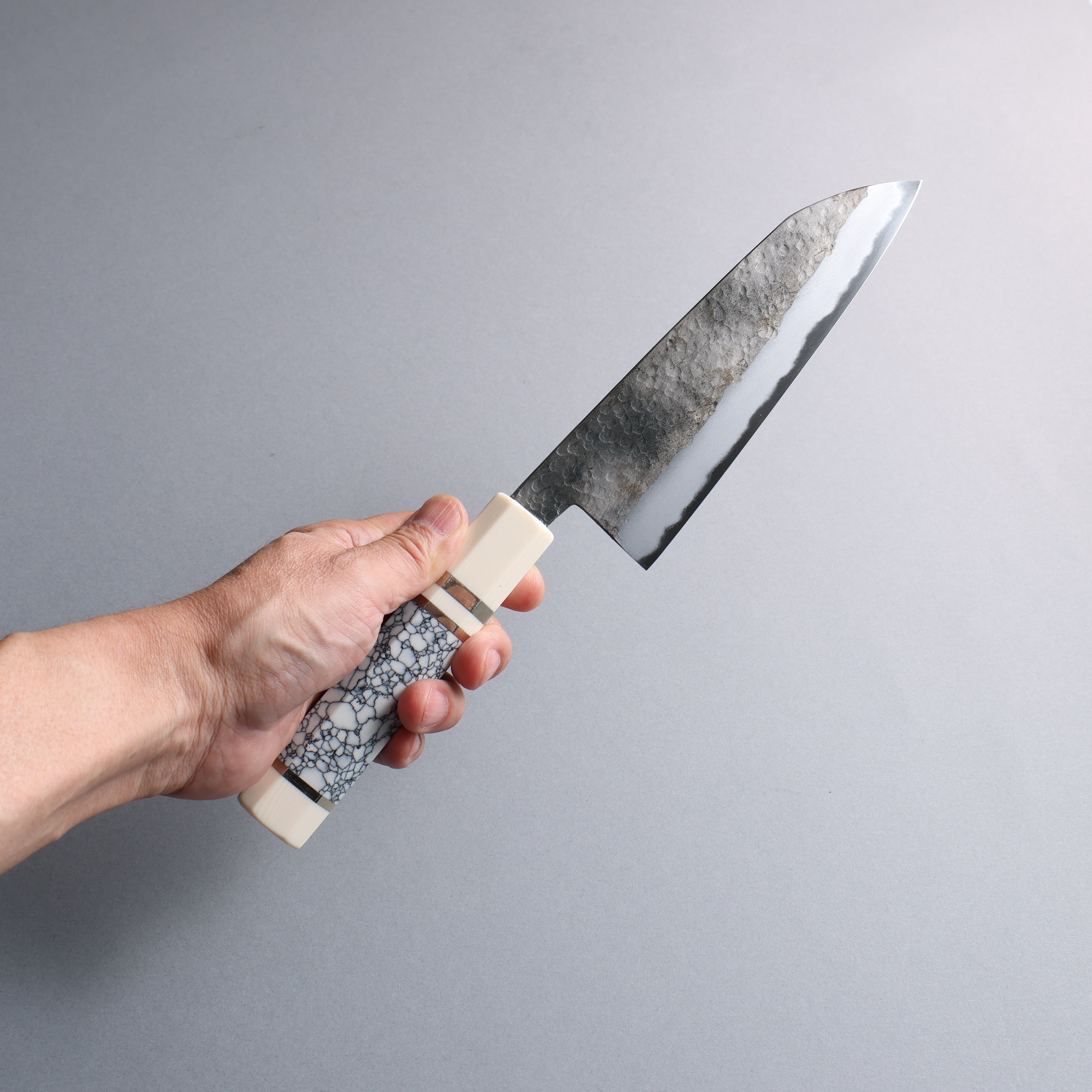 Daisuke Nishida White Steel No.1 Hammered Santoku 165mm White turquoise with Silver Rings and Imitation Ivory Ferrule and End Cap Handle - Japanny - Best Japanese Knife
