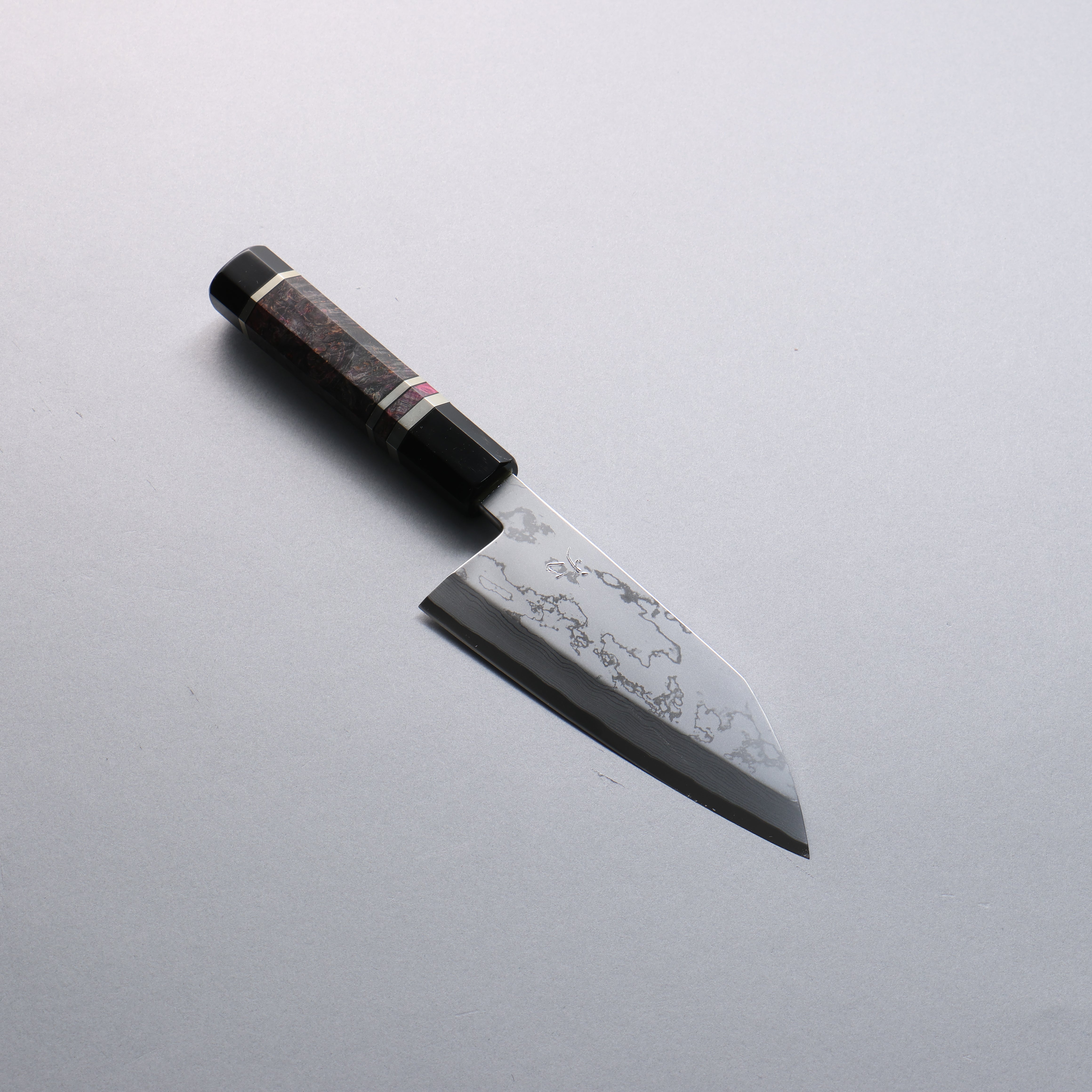 Daisuke Nishida Blue Steel No.2 Damascus Deba 150mm Stabilized Burl with Silver Rings and Water Buffalo Horn Terrule and End Cap Handle - Japanny - Best Japanese Knife