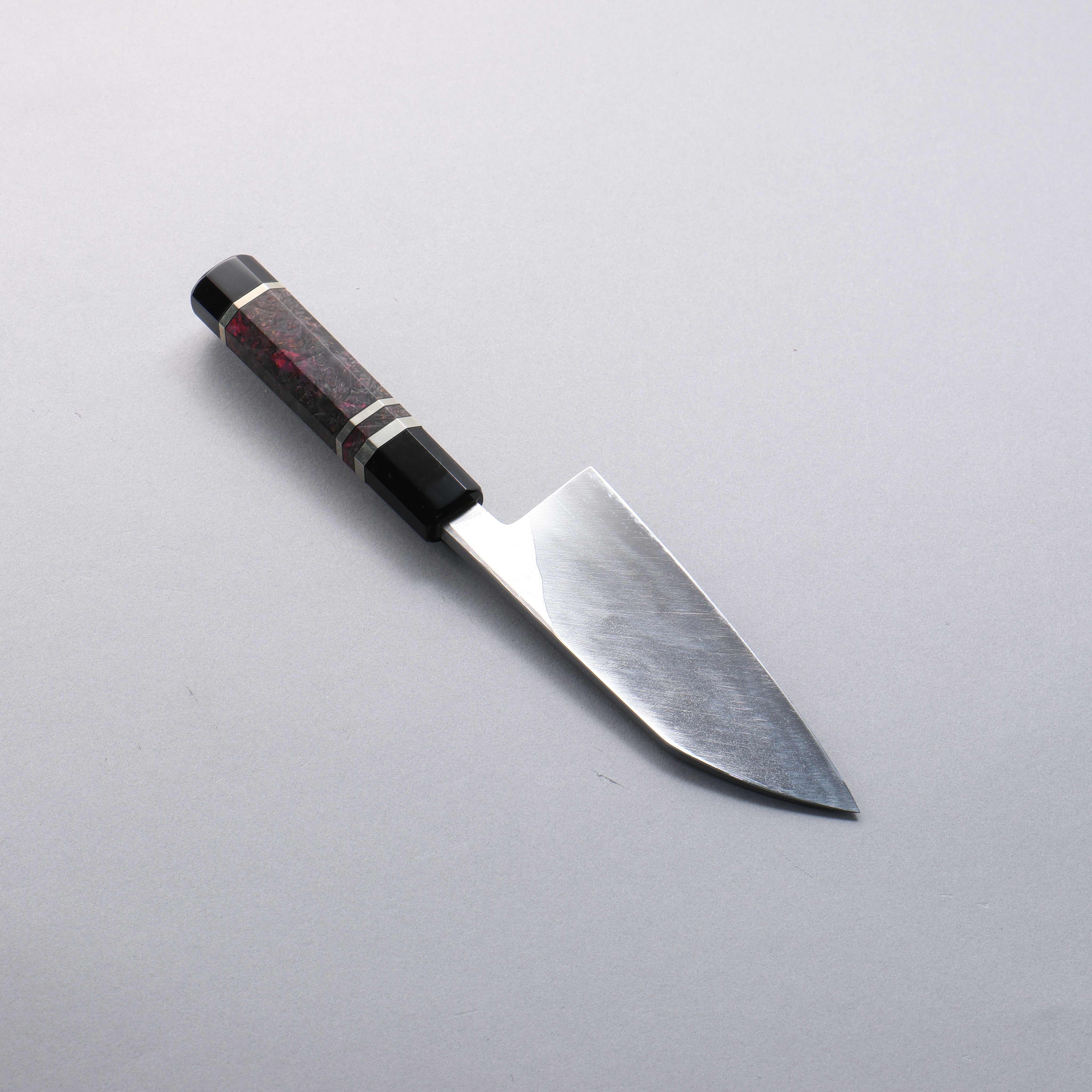 Daisuke Nishida Blue Steel No.2 Damascus Deba 150mm Stabilized Burl with Silver Rings and Water Buffalo Horn Terrule and End Cap Handle - Japanny - Best Japanese Knife