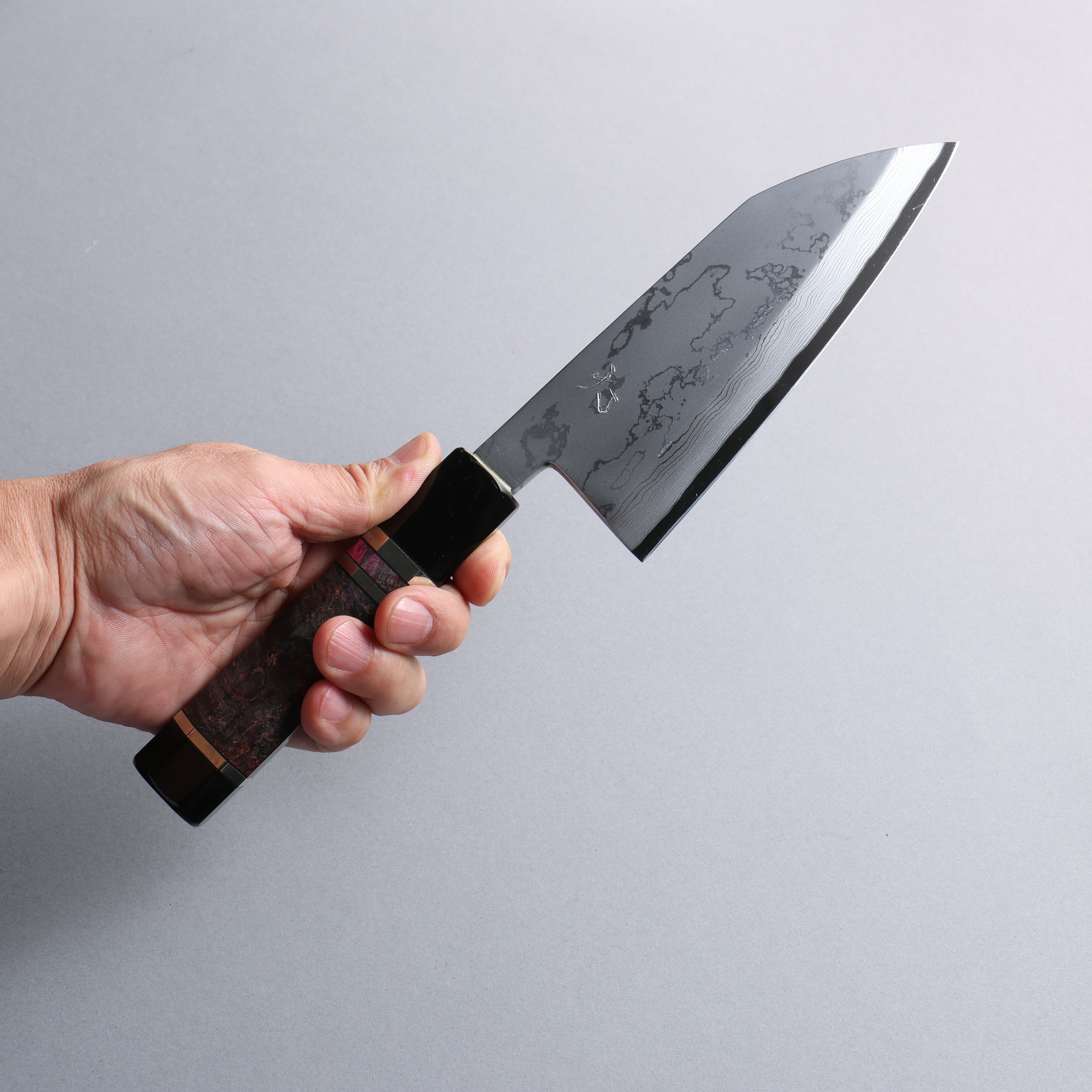 Daisuke Nishida Blue Steel No.2 Damascus Deba 150mm Stabilized Burl with Silver Rings and Water Buffalo Horn Terrule and End Cap Handle - Japanny - Best Japanese Knife