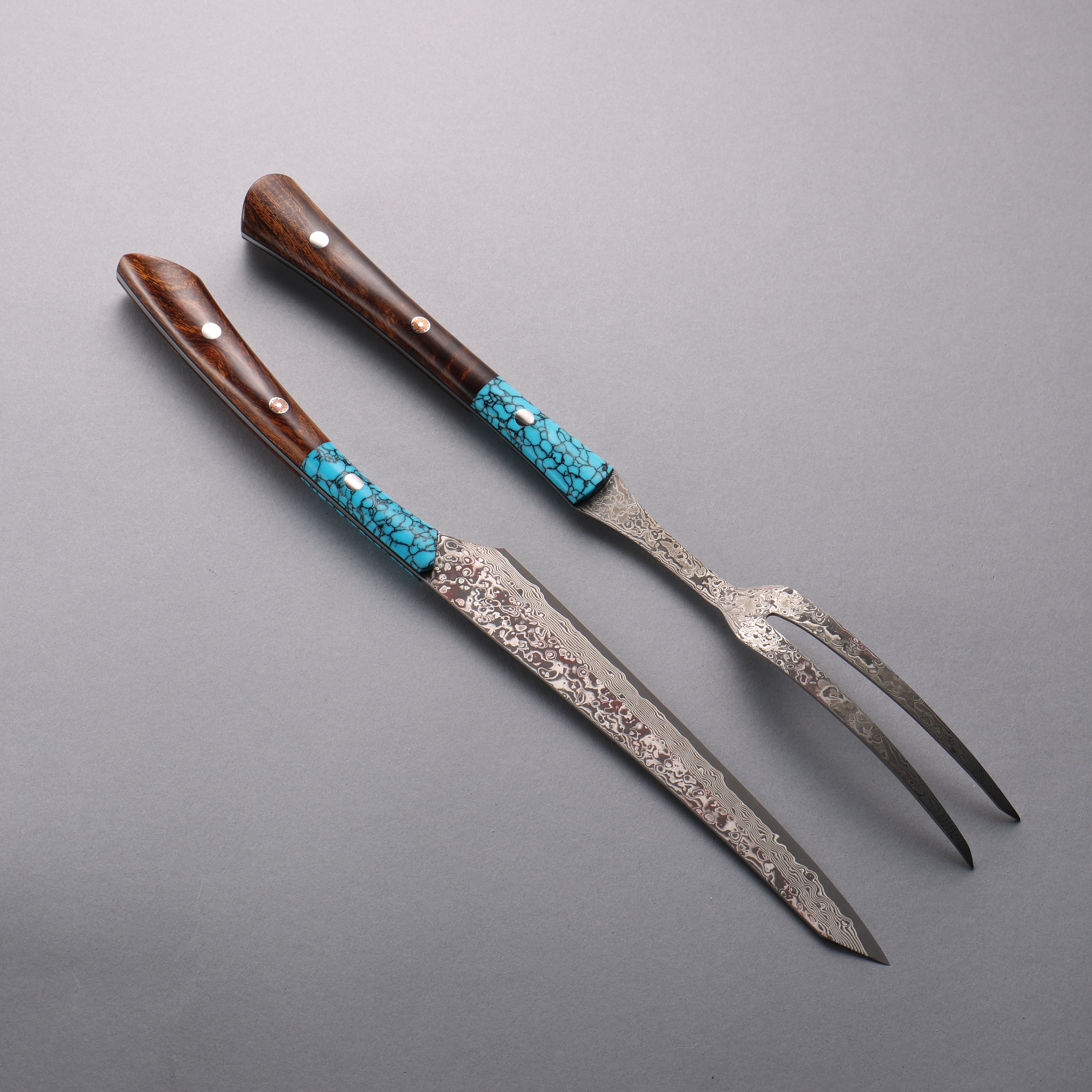 Yuma Oba VG10 Damascus Carving Knife & Fork Set 200mm Ironwood & turquoise Handle - Japanny - Best Japanese Knife