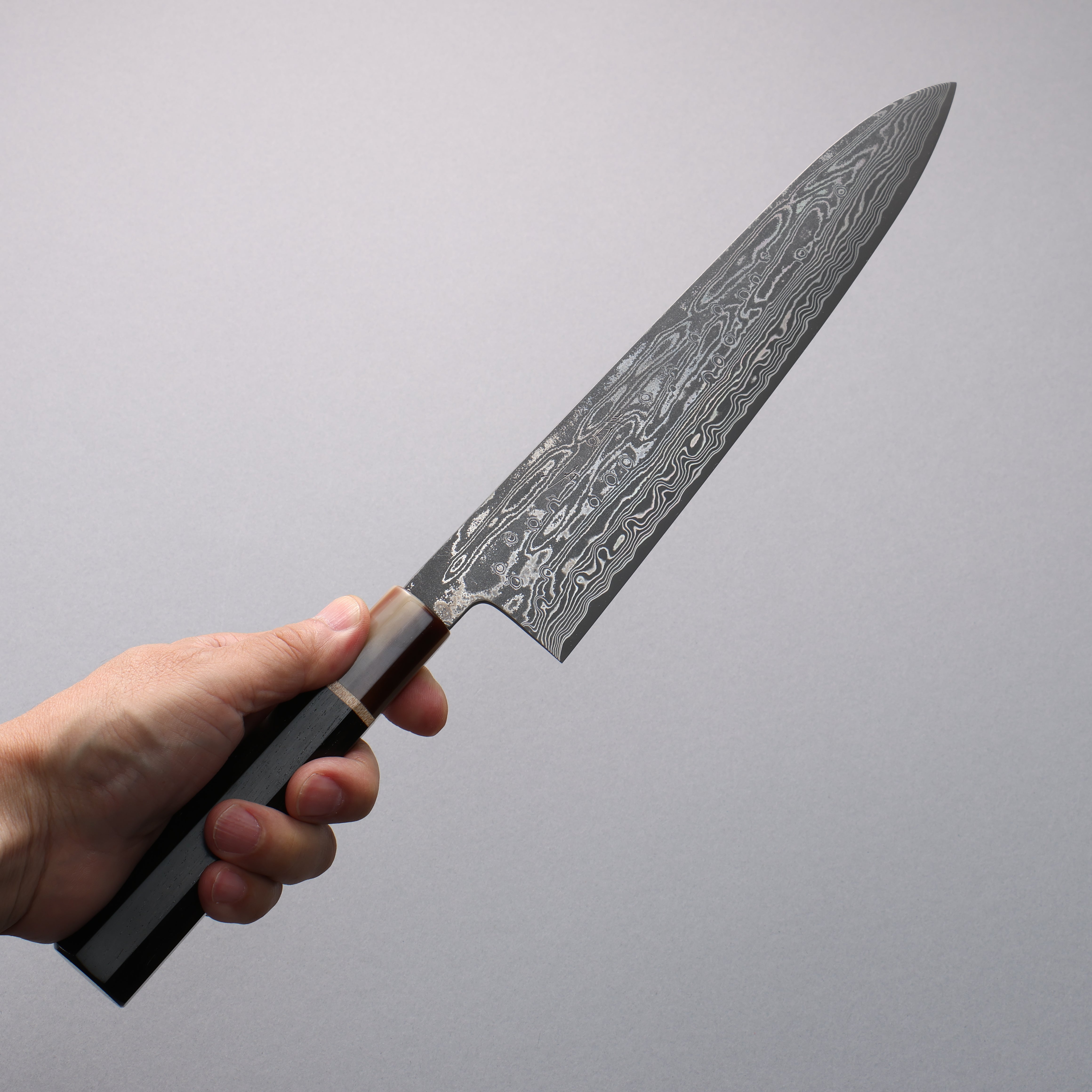 Seisuke SPG STRIX Black Damascus Gyuto 240mm Ebony (Maple Ring and Water Buffalo Ferrule) Handle - Japanny - Best Japanese Knife
