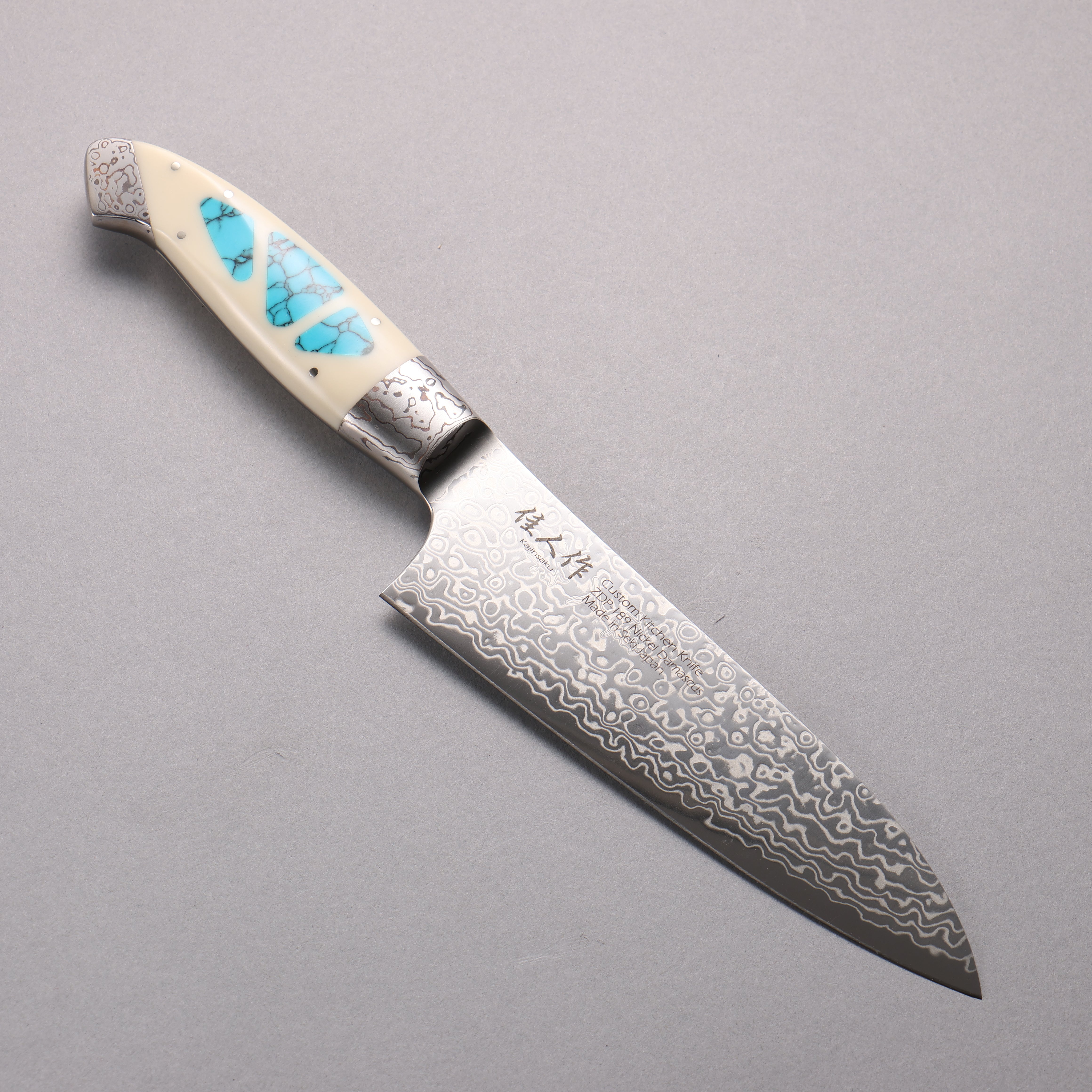 Kajin ZDP189 Damascus Migaki Finished Santoku 165mm Corian with Turquoise Inlay Handle - Japanny - Best Japanese Knife