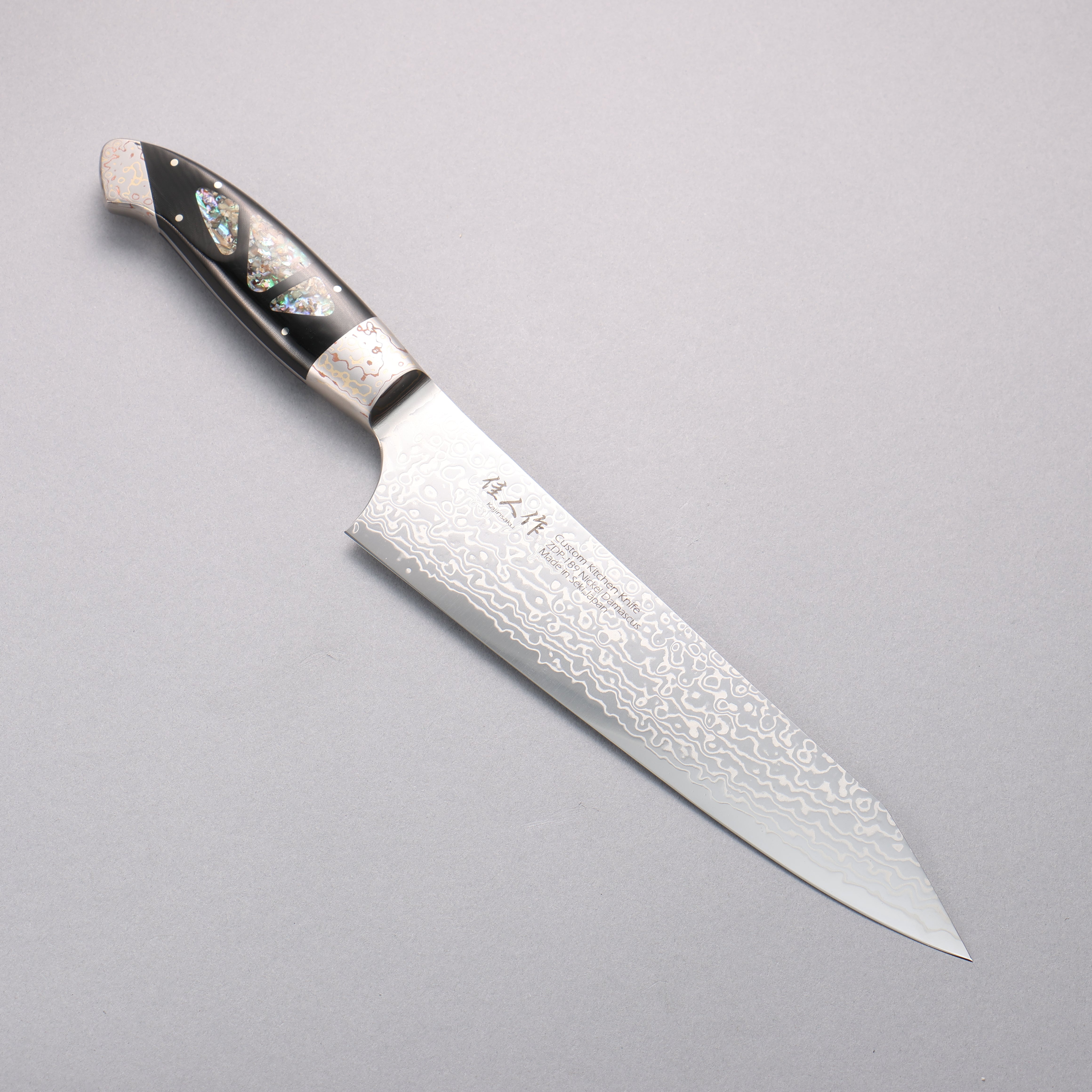 Kajin ZDP189 Damascus Migaki Finished Kiritsuke Gyuto 210mm Abalone Inlay Handle - Japanny - Best Japanese Knife