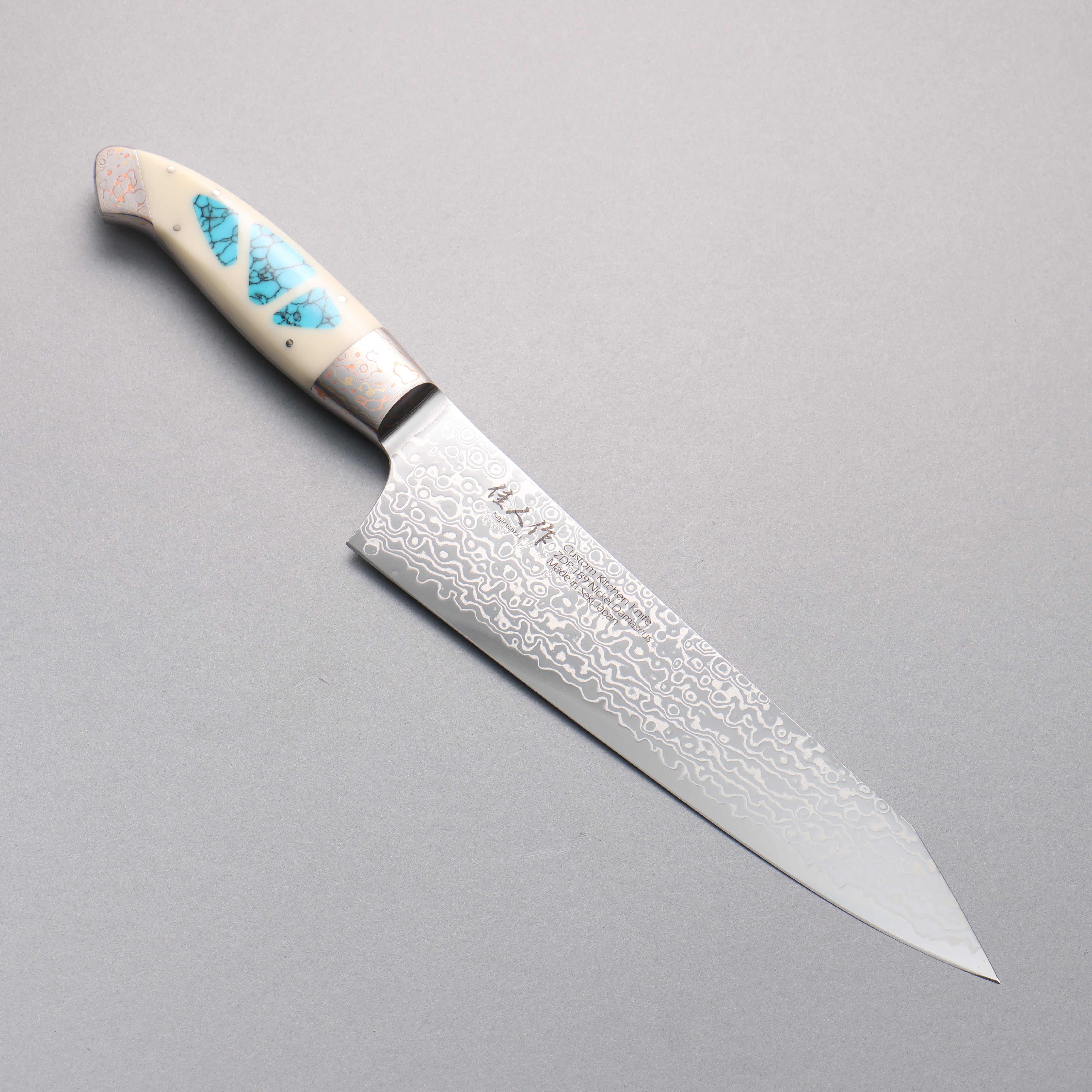 Kajin ZDP189 Damascus Migaki Finished Kiritsuke Gyuto 210mm Corian with Turquoise Inlay Handle - Japanny - Best Japanese Knife