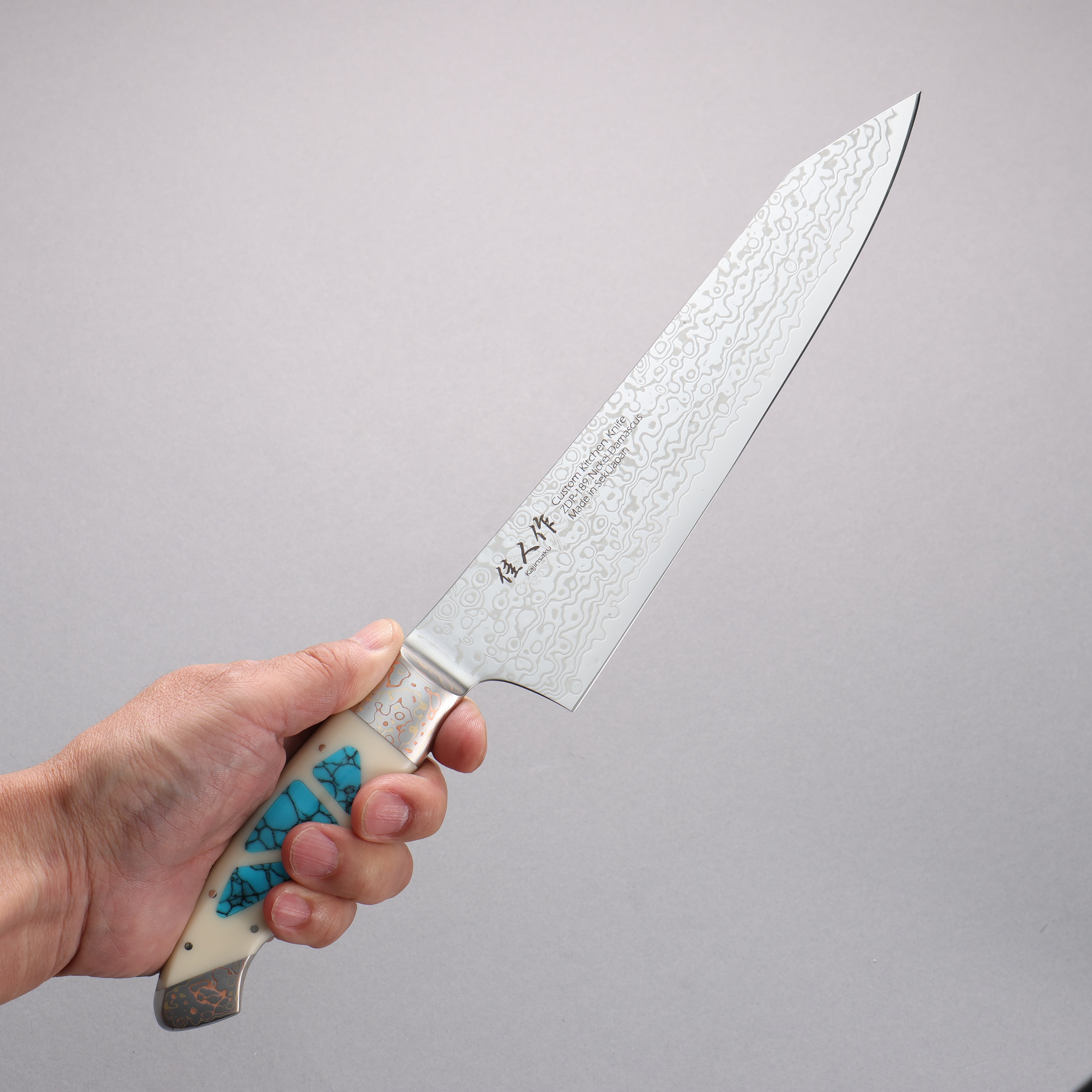 Kajin ZDP189 Damascus Migaki Finished Kiritsuke Gyuto 210mm Corian with Turquoise Inlay Handle - Japanny - Best Japanese Knife