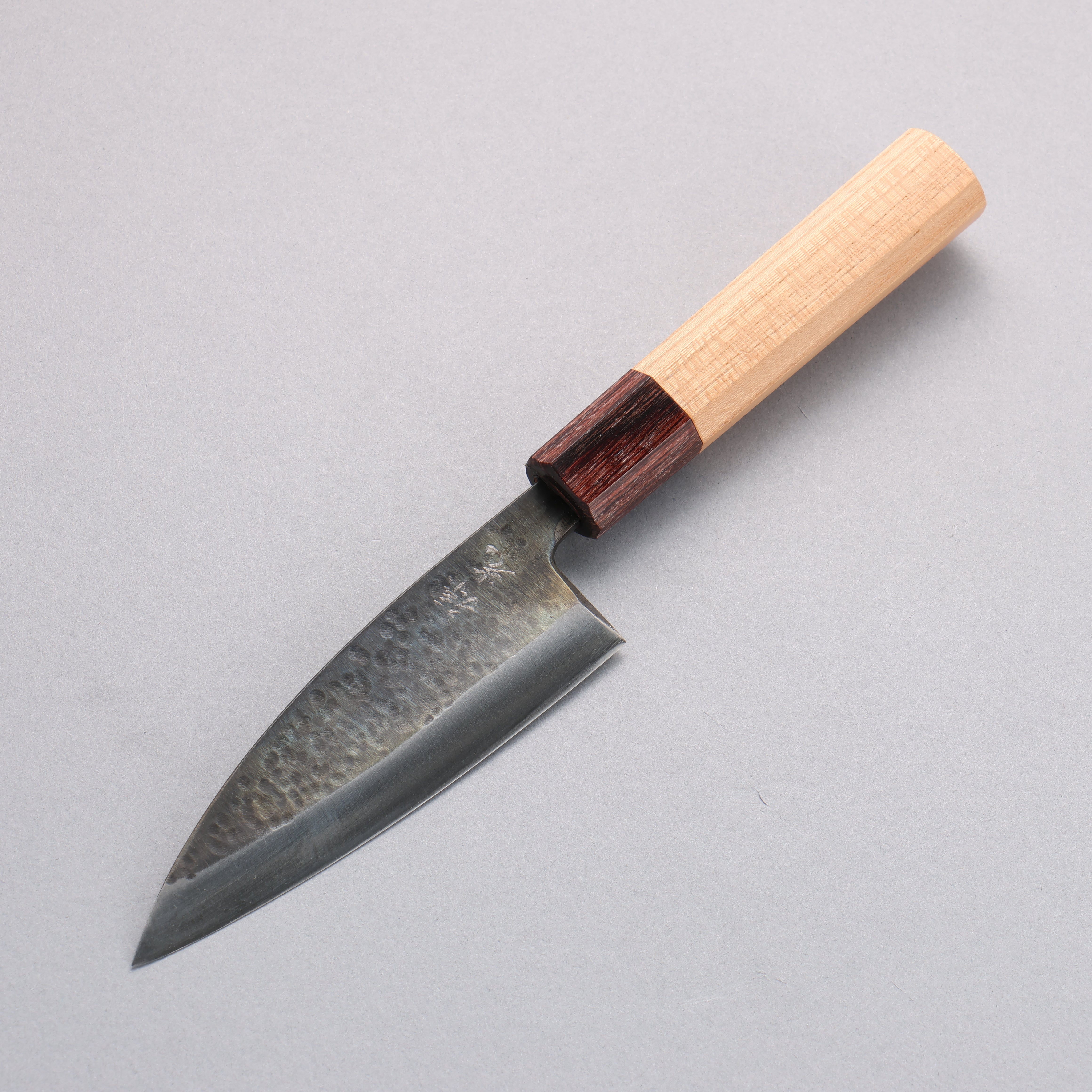 Fukube Shinbu Magomitsu Blue Steel No.2 Hammered Black Finished Deba 120mm Keyaki (Japanese Elm) Handle - Japanny - Best Japanese Knife