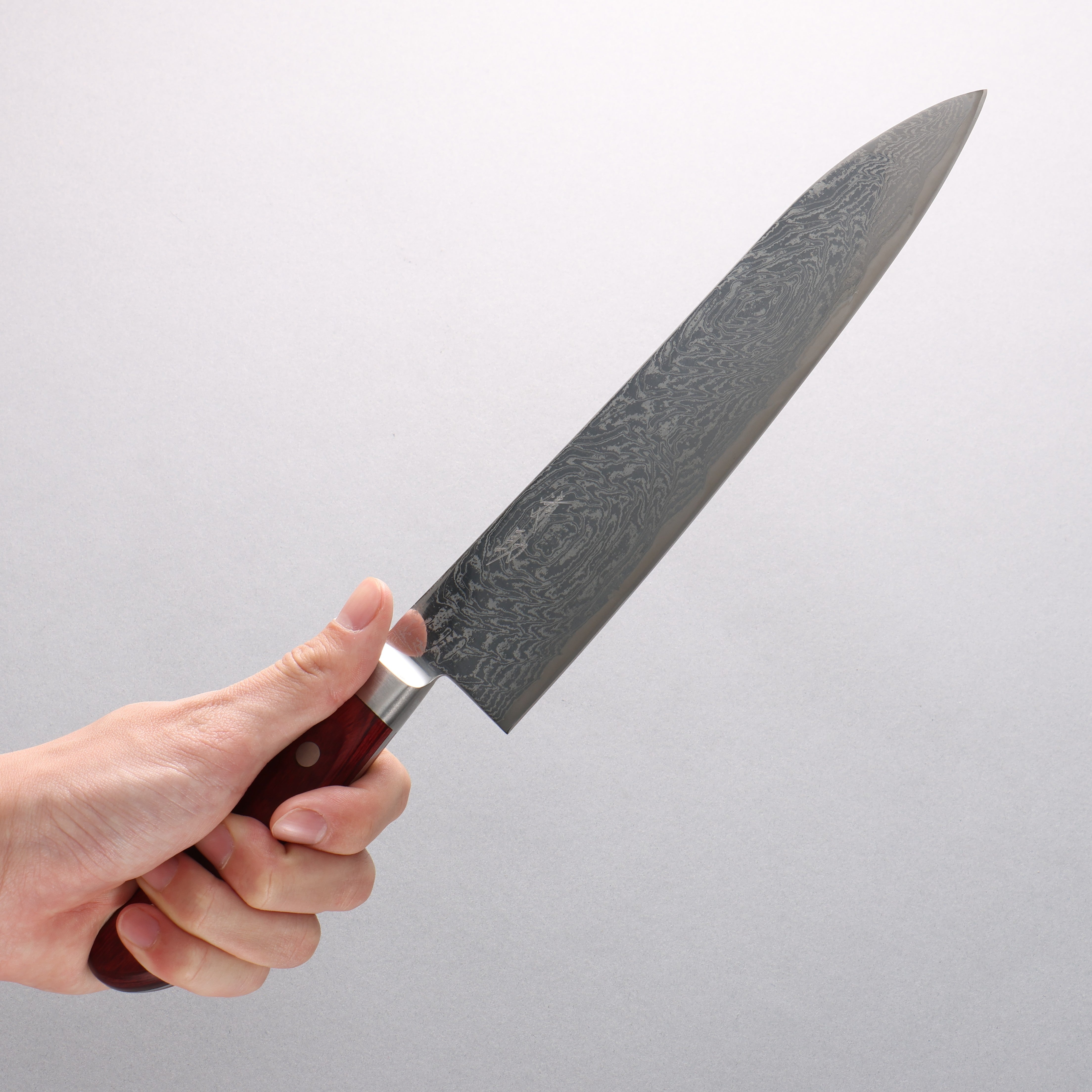 Seisuke Nami AUS10 Mirrored Finish Damascus Gyuto 210mm Red Pakka wood Handle - Japanny - Best Japanese Knife