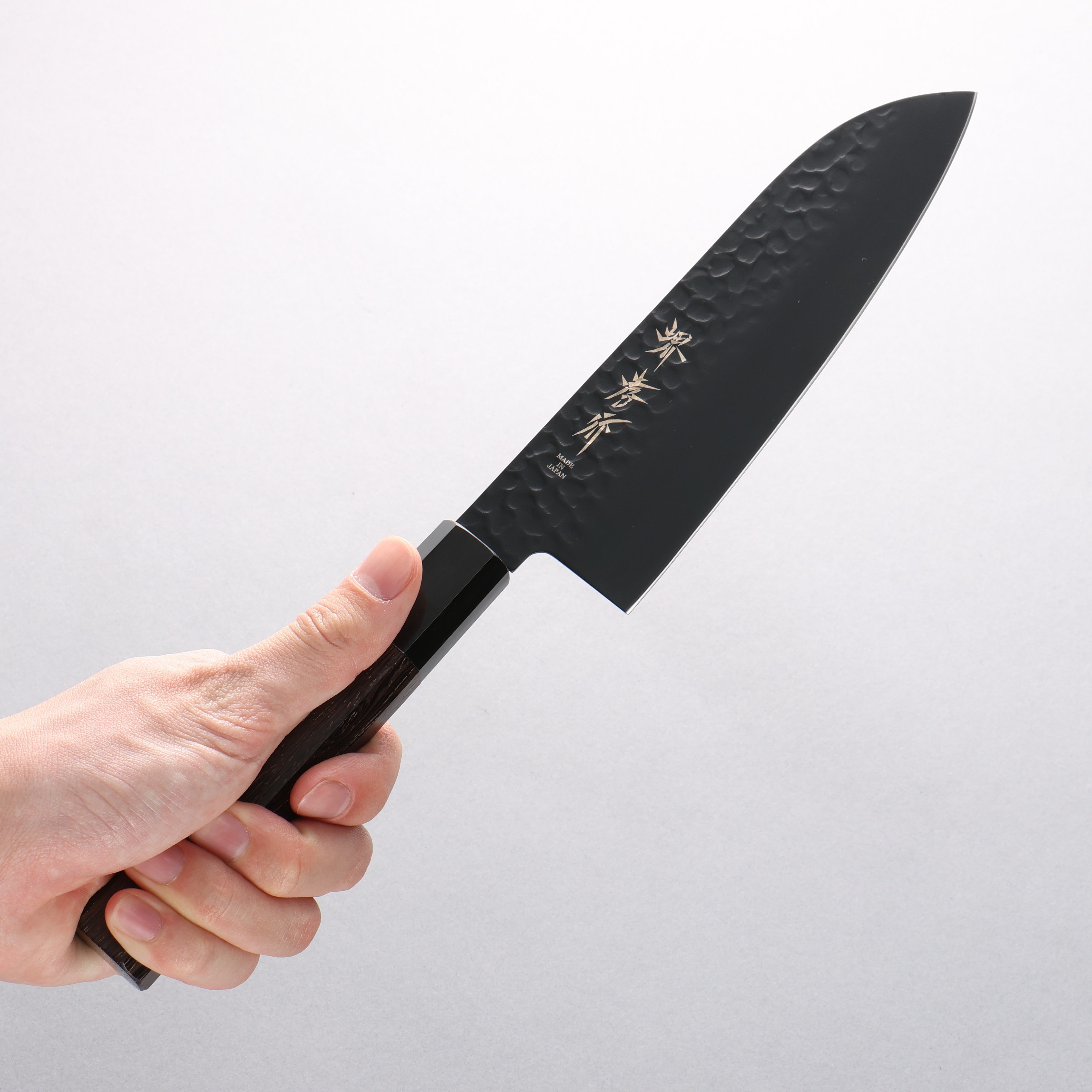 Sakai Takayuki Kurokage VG10 Hammered Teflon Coating Kiritsuke Santoku 160mm Burnt Oak Handle - Japanny - Best Japanese Knife