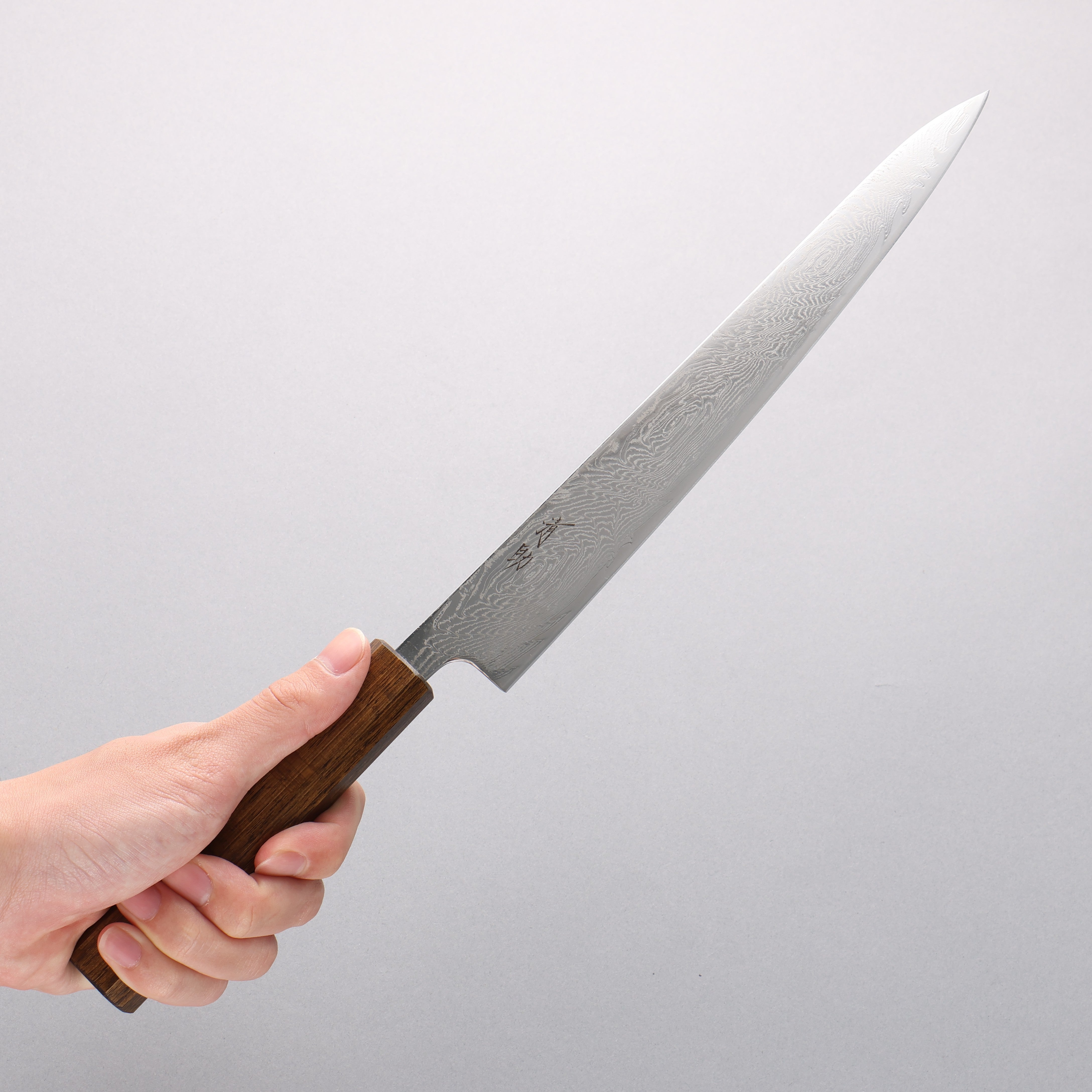 Seisuke Nami AUS10 Mirrored Finish Damascus Sujihiki 240mm Oak Handle - Japanny - Best Japanese Knife