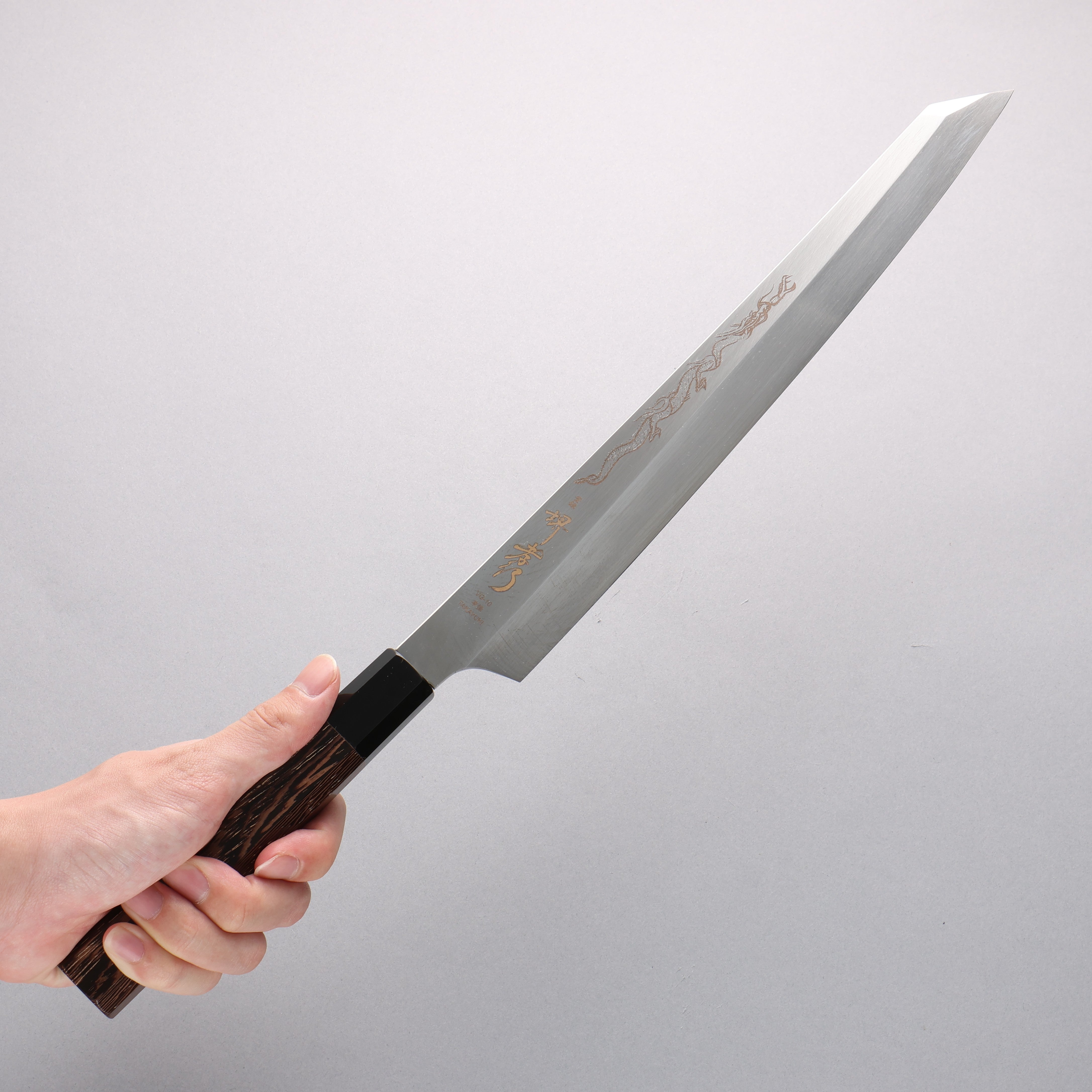 Sakai Takayuki Honyaki VG10 Dragon engraving Kengata Yanagiba 300mm Wenge Handle with Sheath - Japanny - Best Japanese Knife