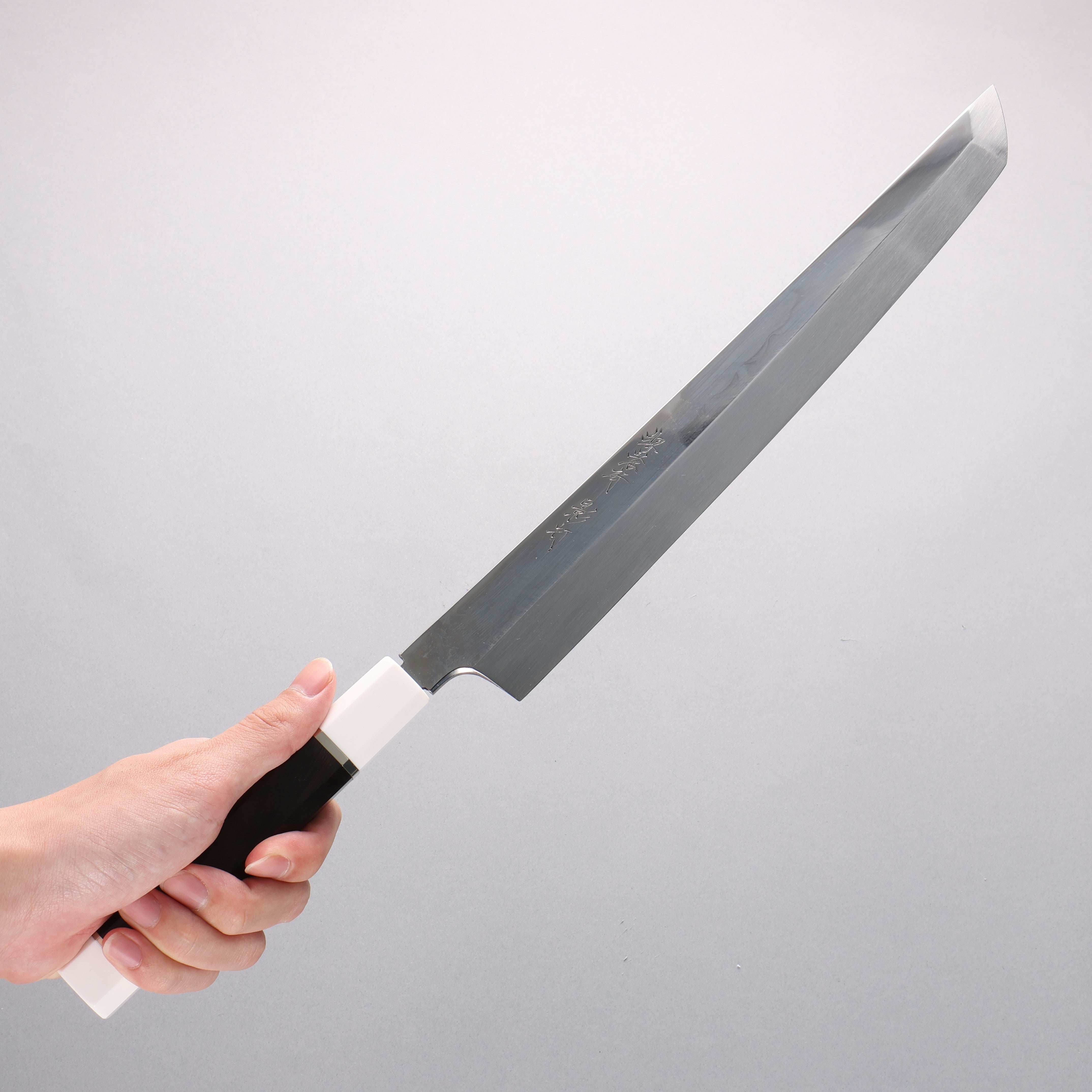 Sakai Takayuki Kageuchi Water Quenching Honyaki White Steel No.2 Mirrored Finish Sakimaru Yanagiba 300mm Ebony with Double Water Buffalo Ring Handle with Sheath - Japanny - Best Japanese Knife