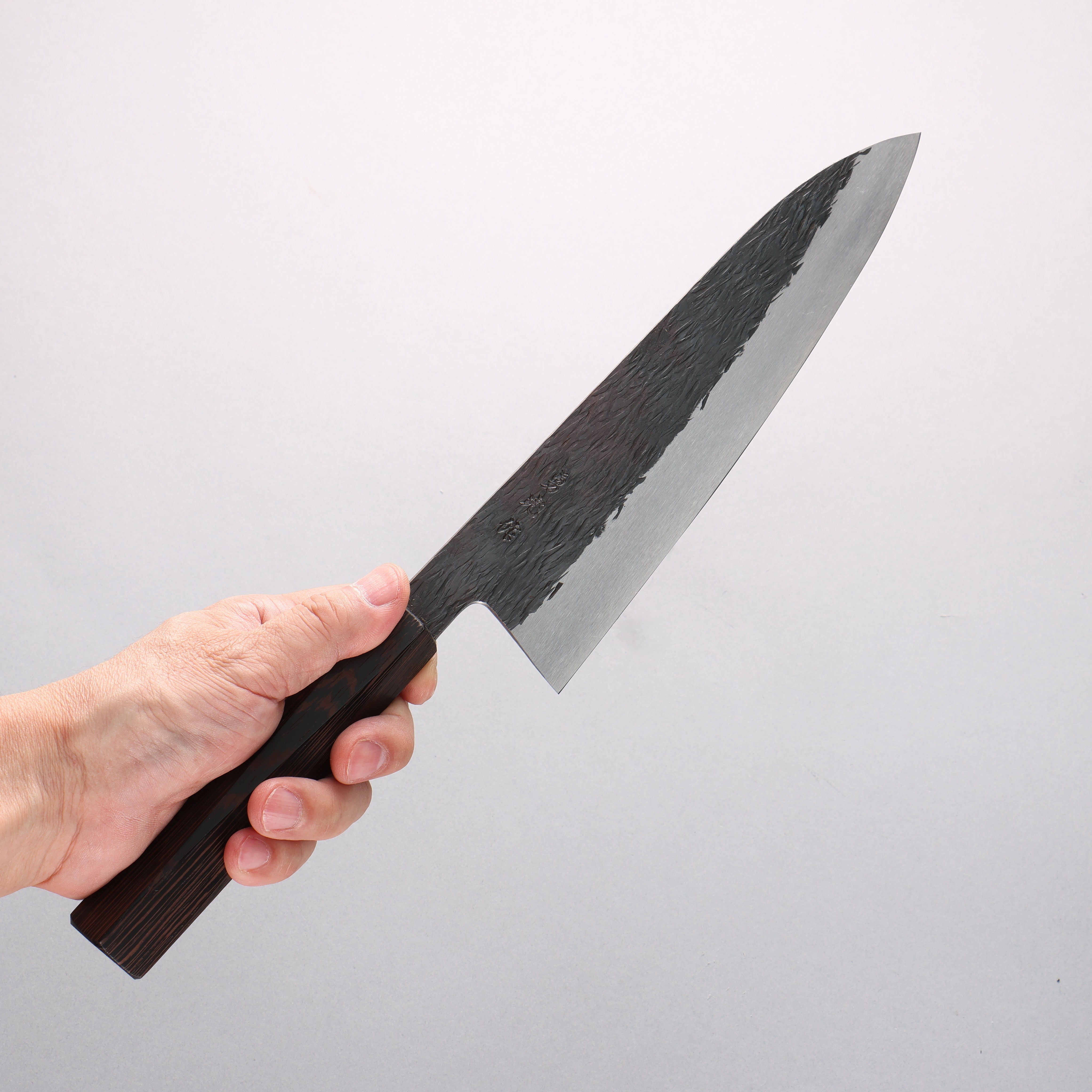 Isamitsu Abe Blue Super Hammered Black Finished Gyuto 210mm Rosewood (pentagonal) Handle - Japanny - Best Japanese Knife