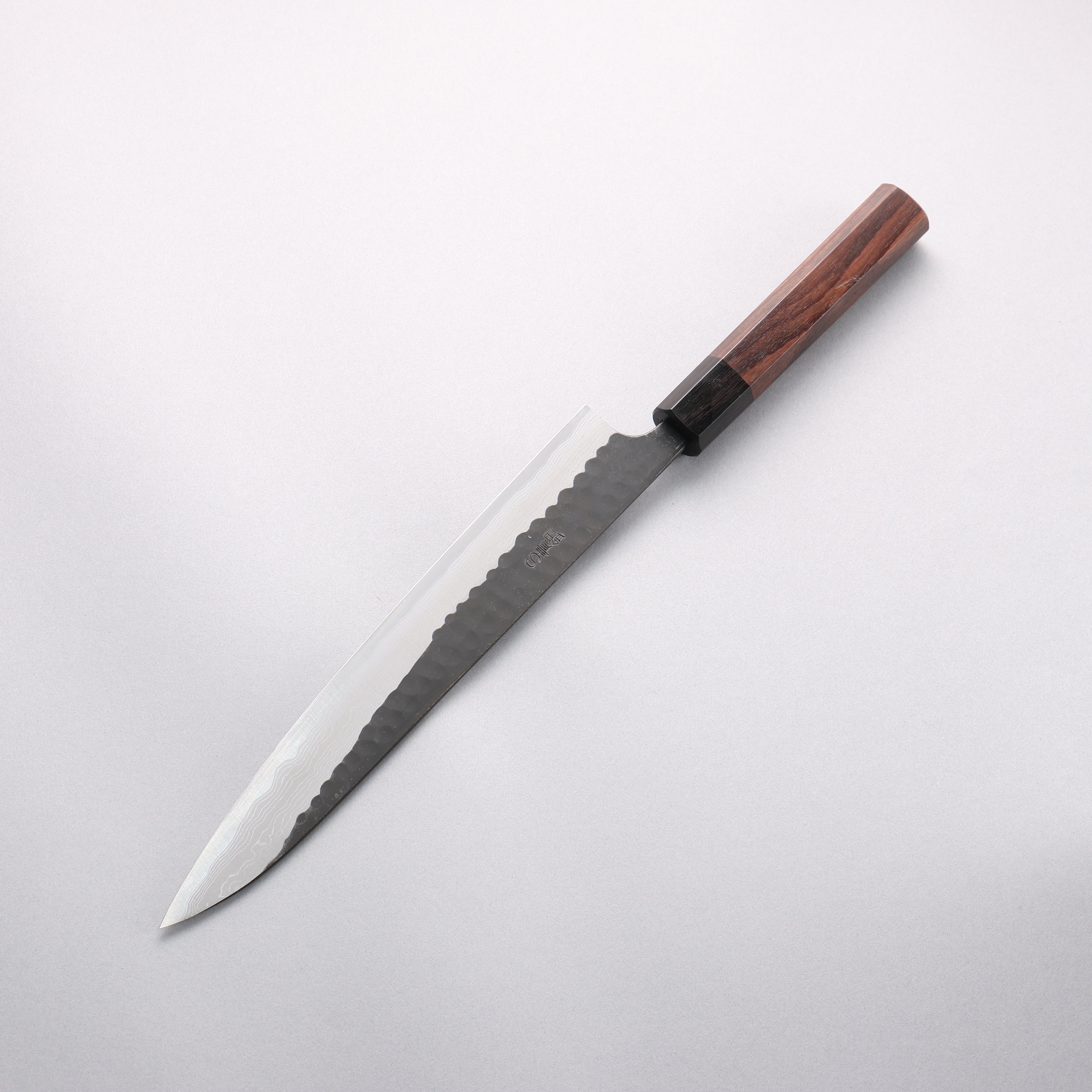 Nao Yamamoto Blue Super Kurouchi Hammered Damascus Yanagiba 240mm Rosewood Handle - Japanny - Best Japanese Knife