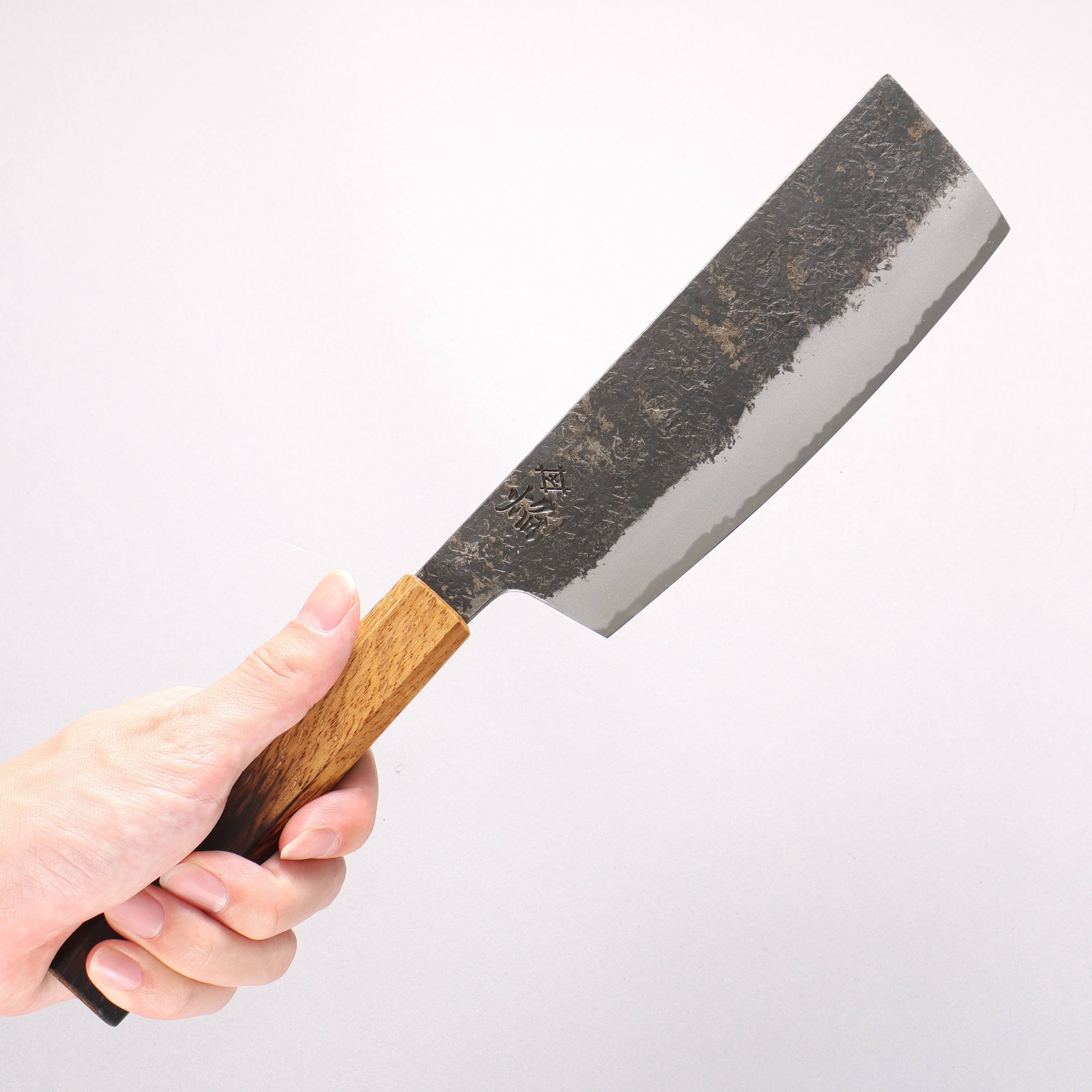 Sakai Takayuki Homura Guren Blue Steel No.2 Kurouchi Hammered Nakiri 180mm Burnt Oak Handle - Japanny - Best Japanese Knife