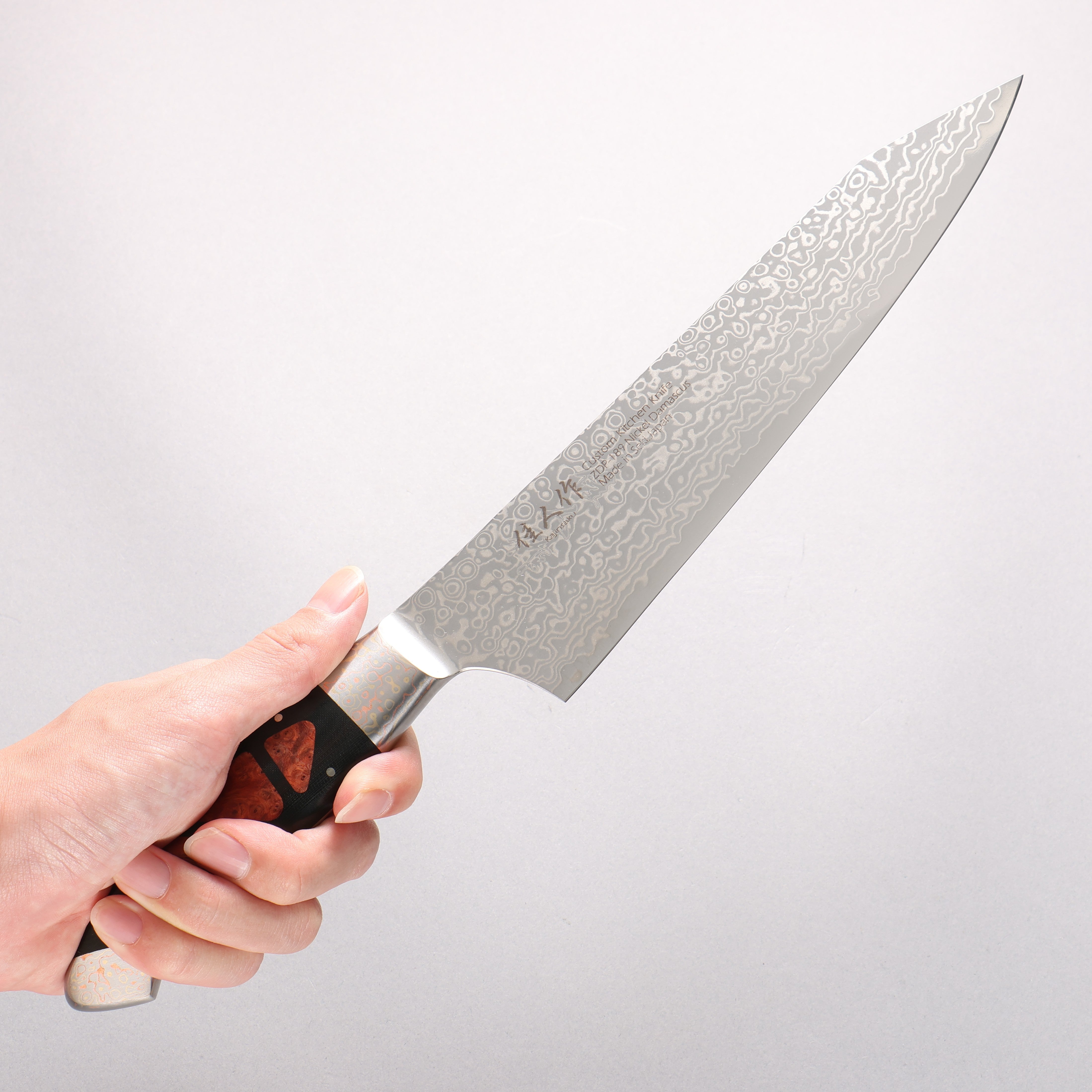 Kajin ZDP189 Damascus Migaki Finished Kiritsuke Gyuto 210mm Chinese Quince Burl Inlay Handle - Japanny - Best Japanese Knife