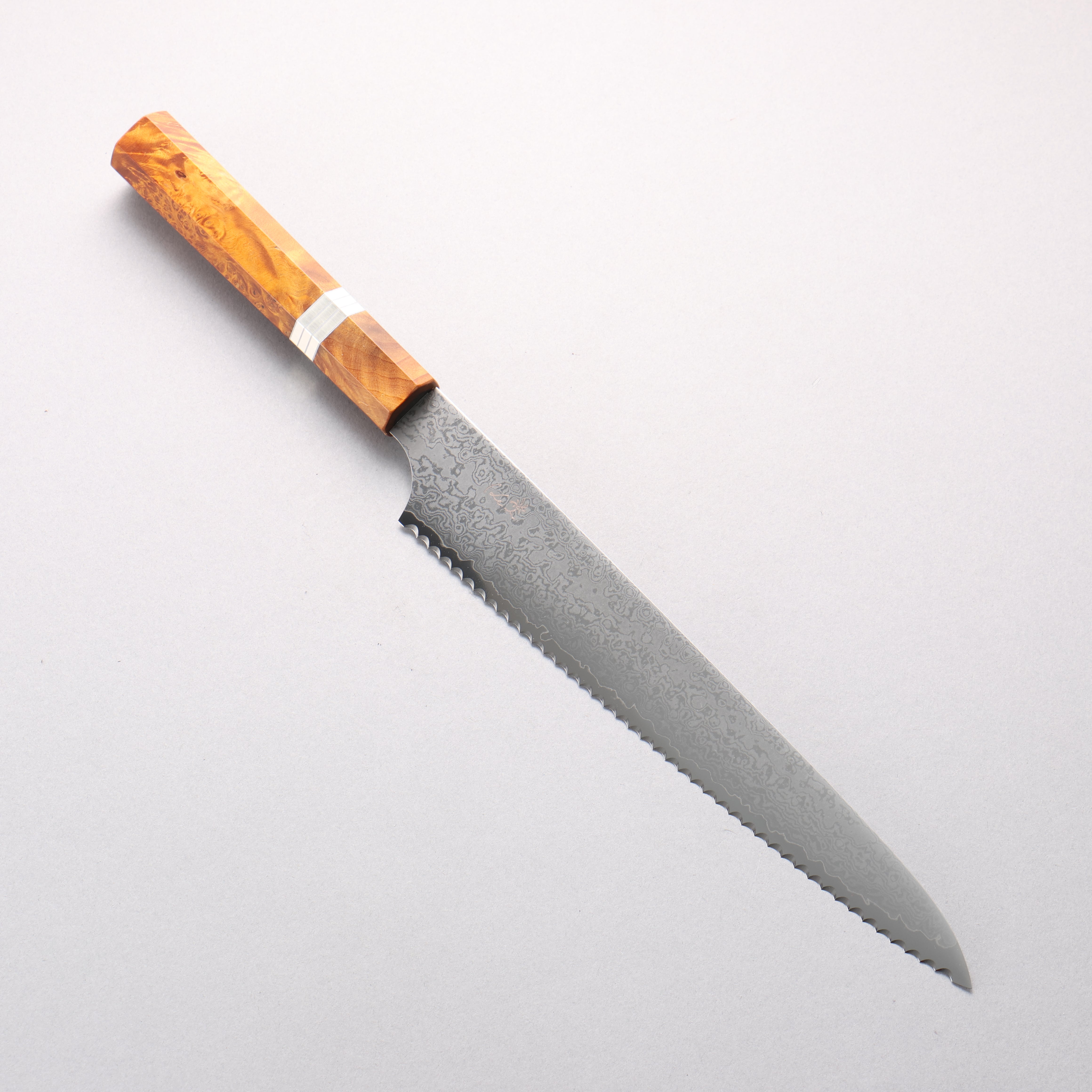 Kei VG10 Damascus Bread Slicer 240mm Brown Stabilized Wood (Silver Rings) Handle - Japanny - Best Japanese Knife