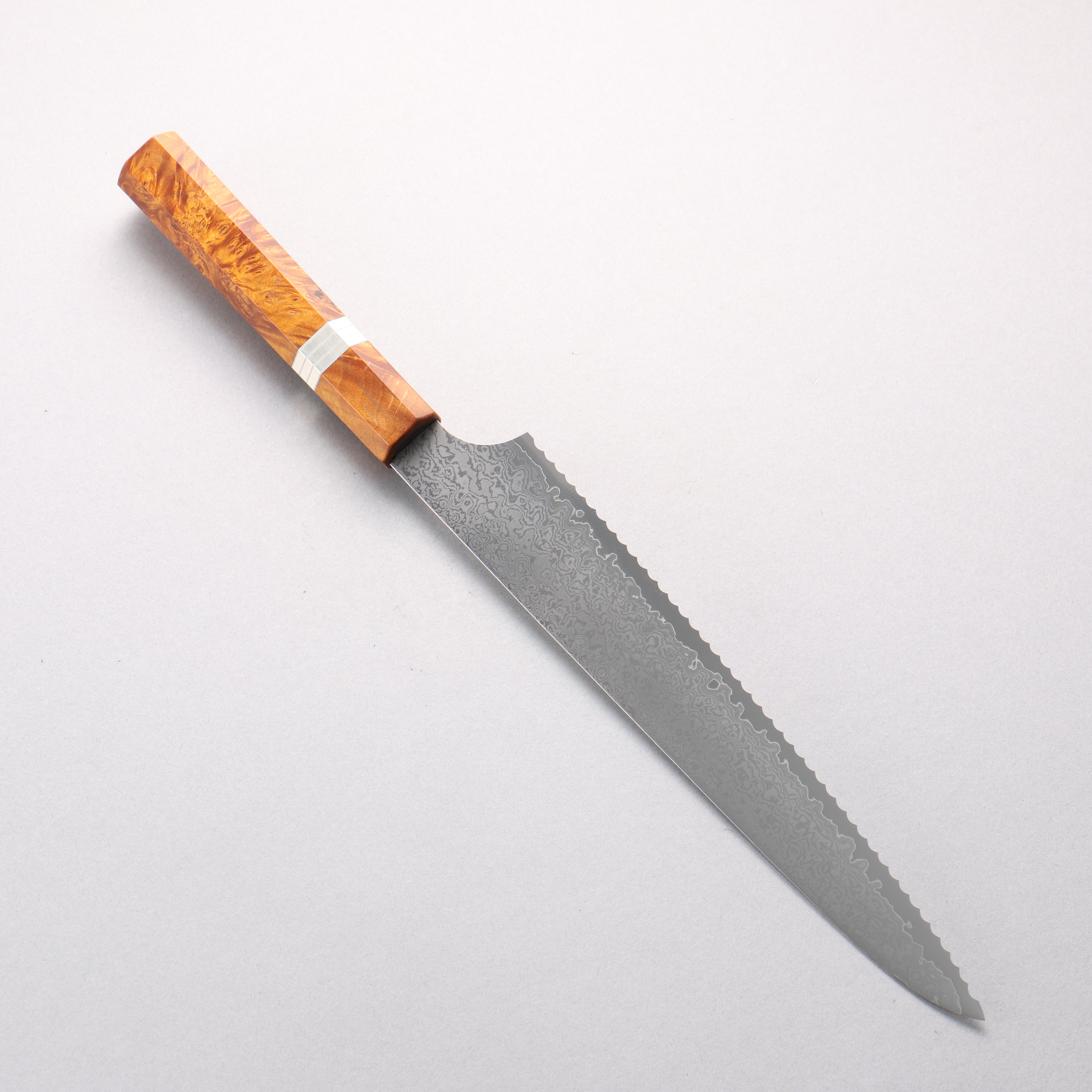 Kei VG10 Damascus Bread Slicer 240mm Brown Stabilized Wood (Silver Rings) Handle - Japanny - Best Japanese Knife