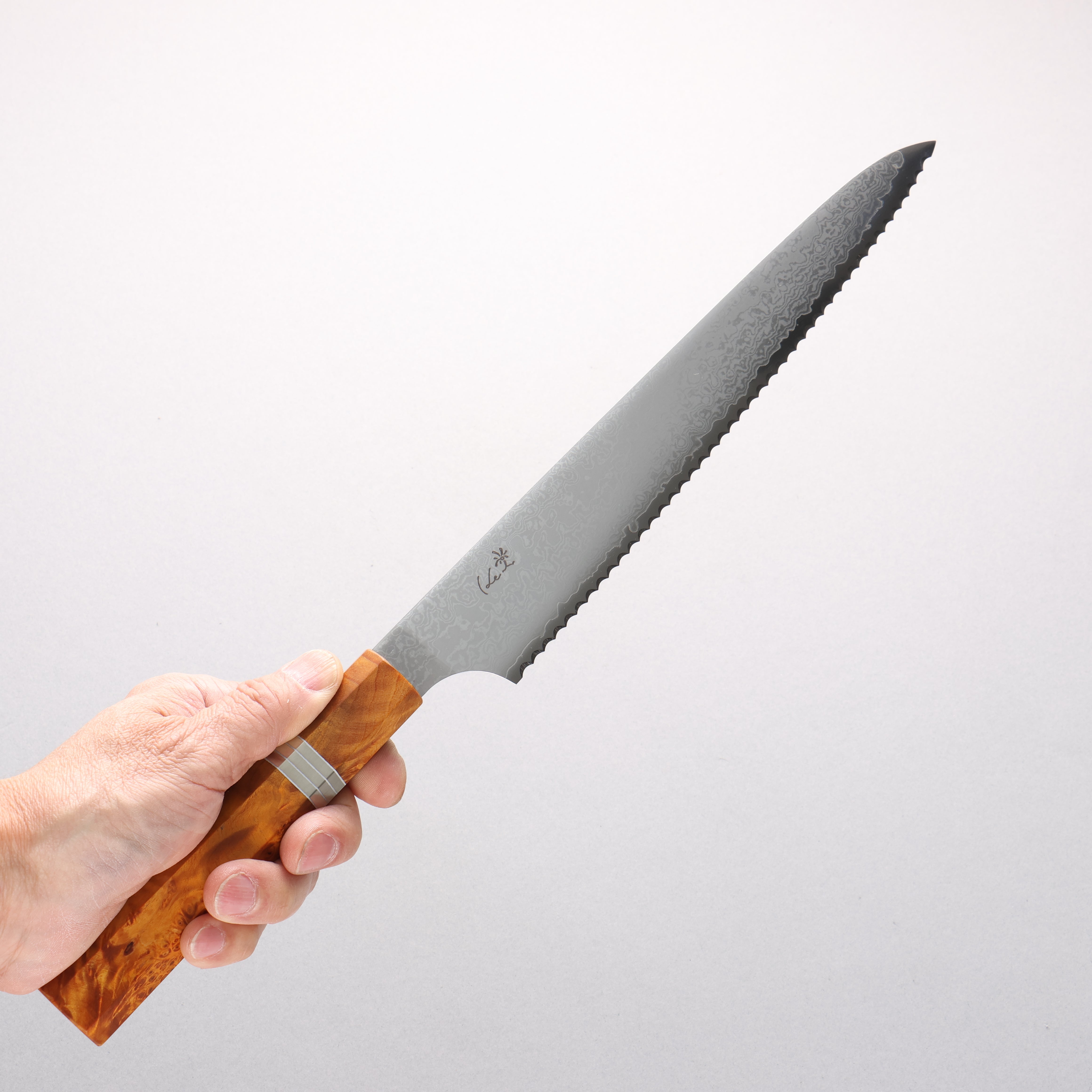 Kei VG10 Damascus Bread Slicer 240mm Brown Stabilized Wood (Silver Rings) Handle - Japanny - Best Japanese Knife