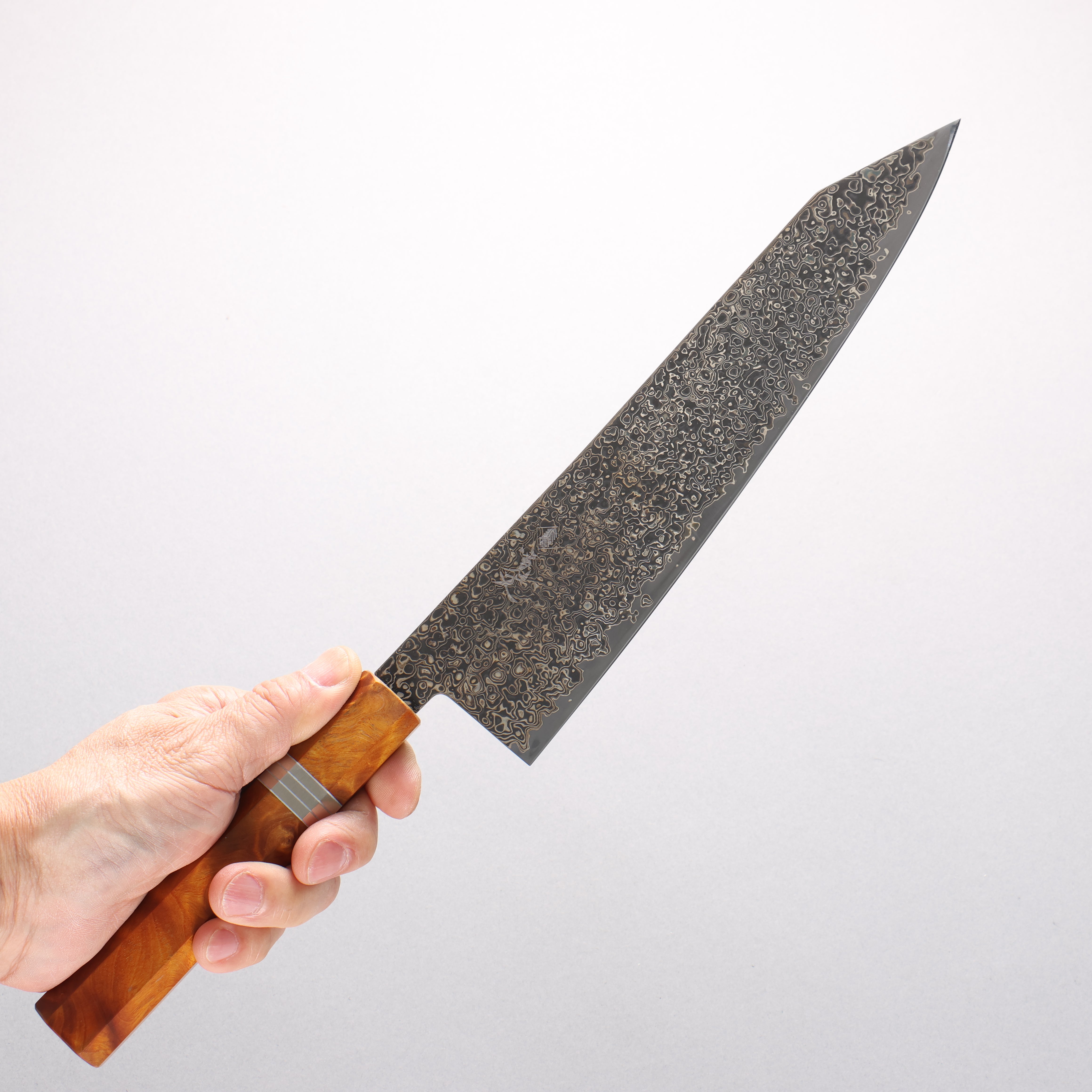 Kanjyo SG2 Black Damascus Kiritsuke Gyuto 240mm Brown Stabilized Wood (Silver Rings) Handle