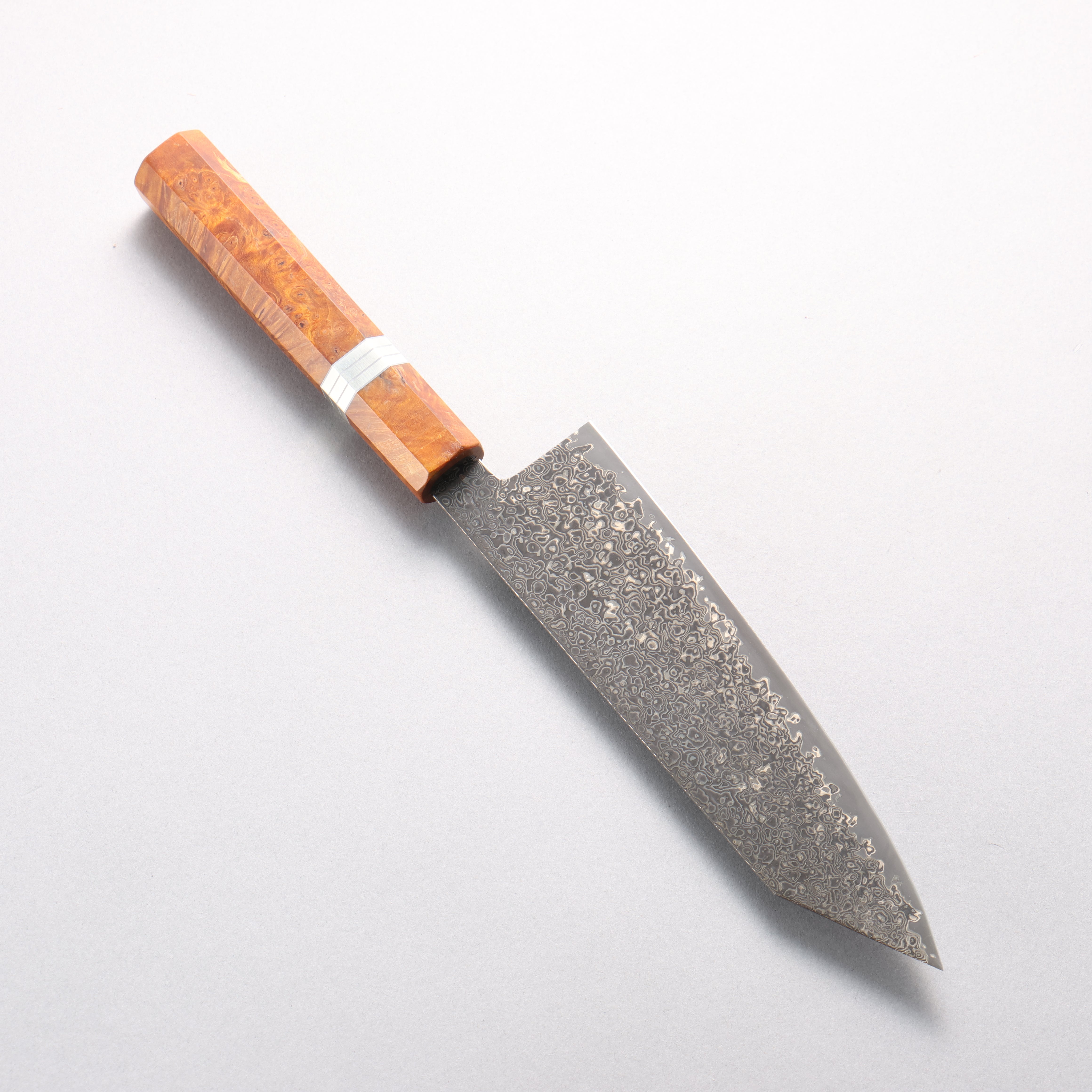 Kanjyo SG2 Black Damascus Kiritsuke Santoku 180mm Brown Stabilized Wood (Silver Rings) Handle