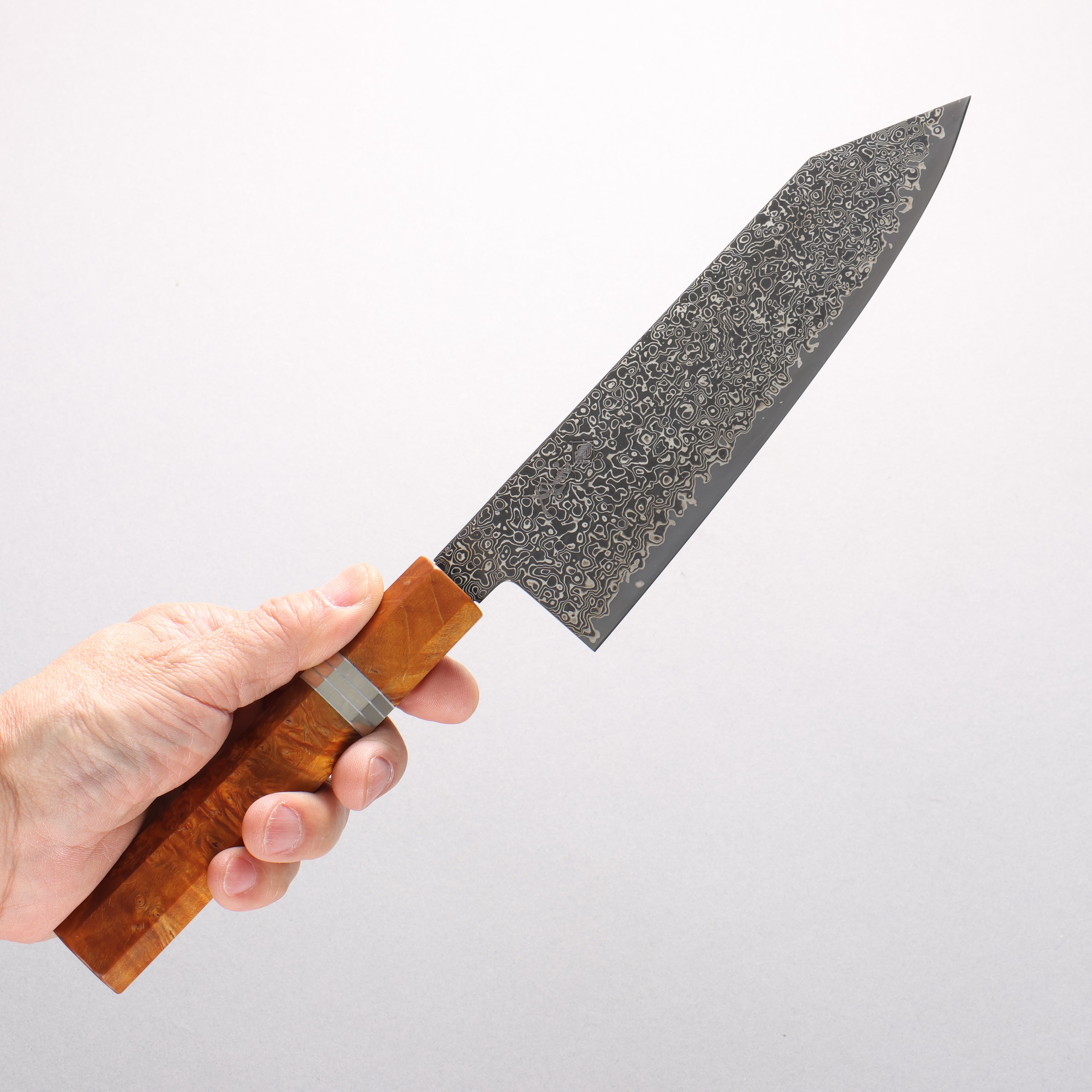 Kanjyo SG2 Black Damascus Kiritsuke Santoku 180mm Brown Stabilized Wood (Silver Rings) Handle