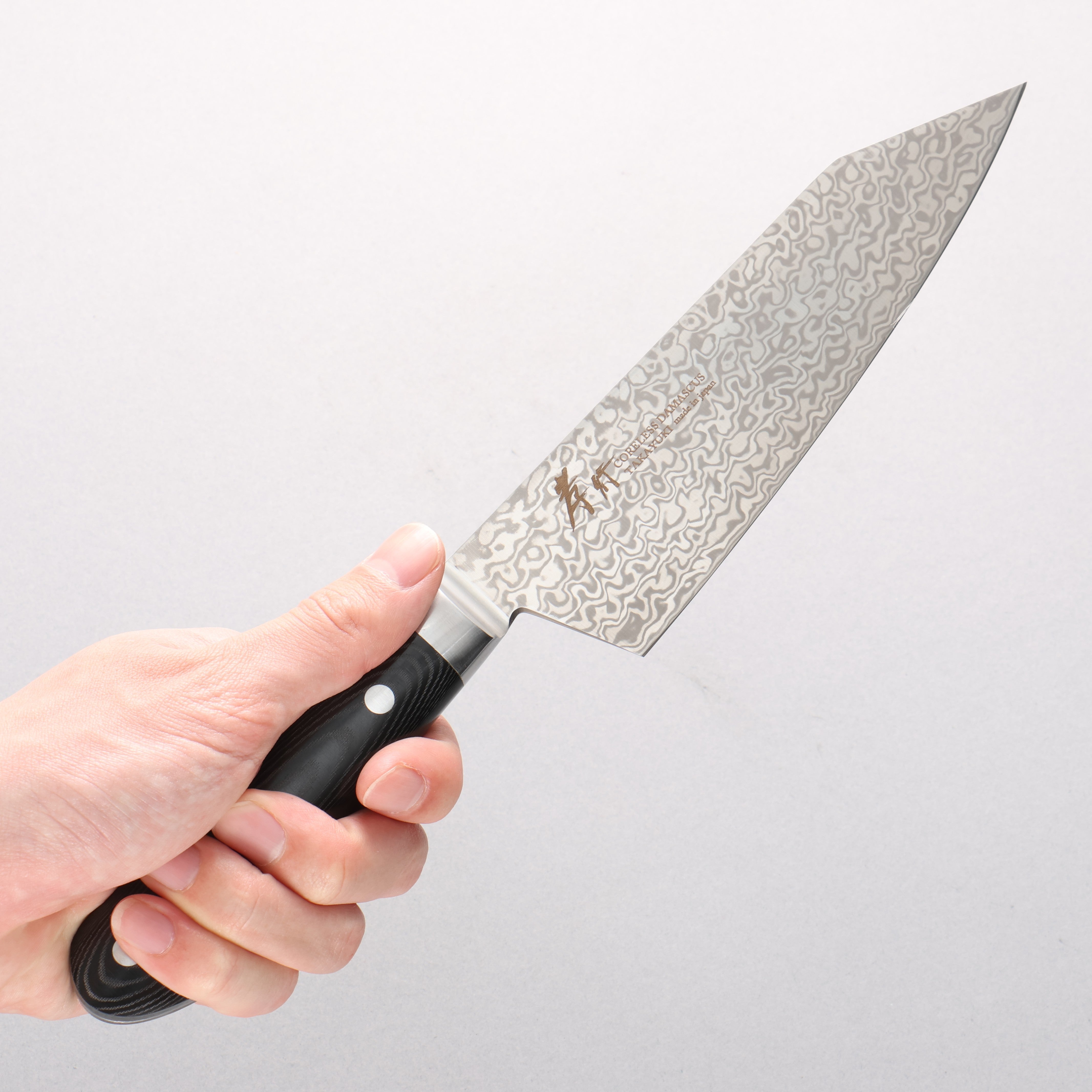 Sakai Takayuki Coreless Damaskus Kengata Santoku 160 mm schwarzer Micarta-Griff