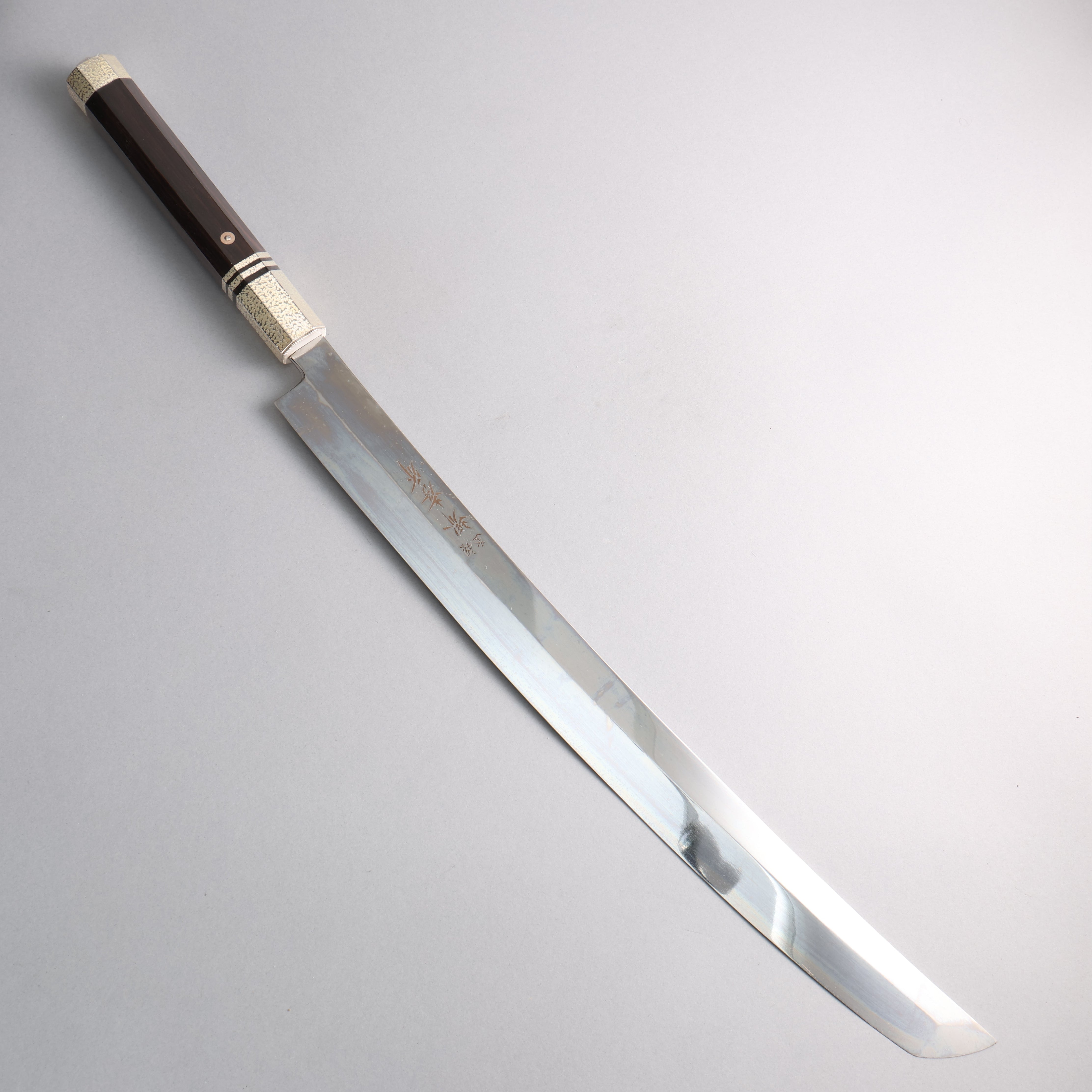 Sakai Takayuki Honyaki Silver Steel No.3 Mirrored Finish Sakimaru Yanagiba 510mm Ebony Wood (with Top and Bottom Silver Ferrules) Handle with Sheath