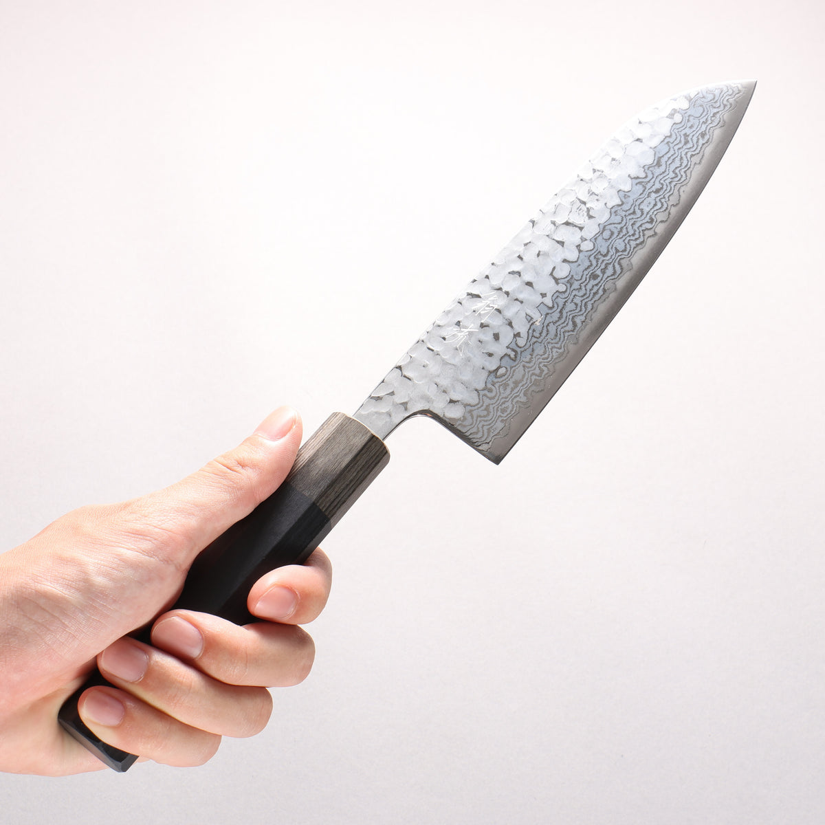 Oul Silver Steel No.3 Hammered Damascus Moon White Santoku 165mm Black Pakka wood Handle - Japanny - Best Japanese Knife