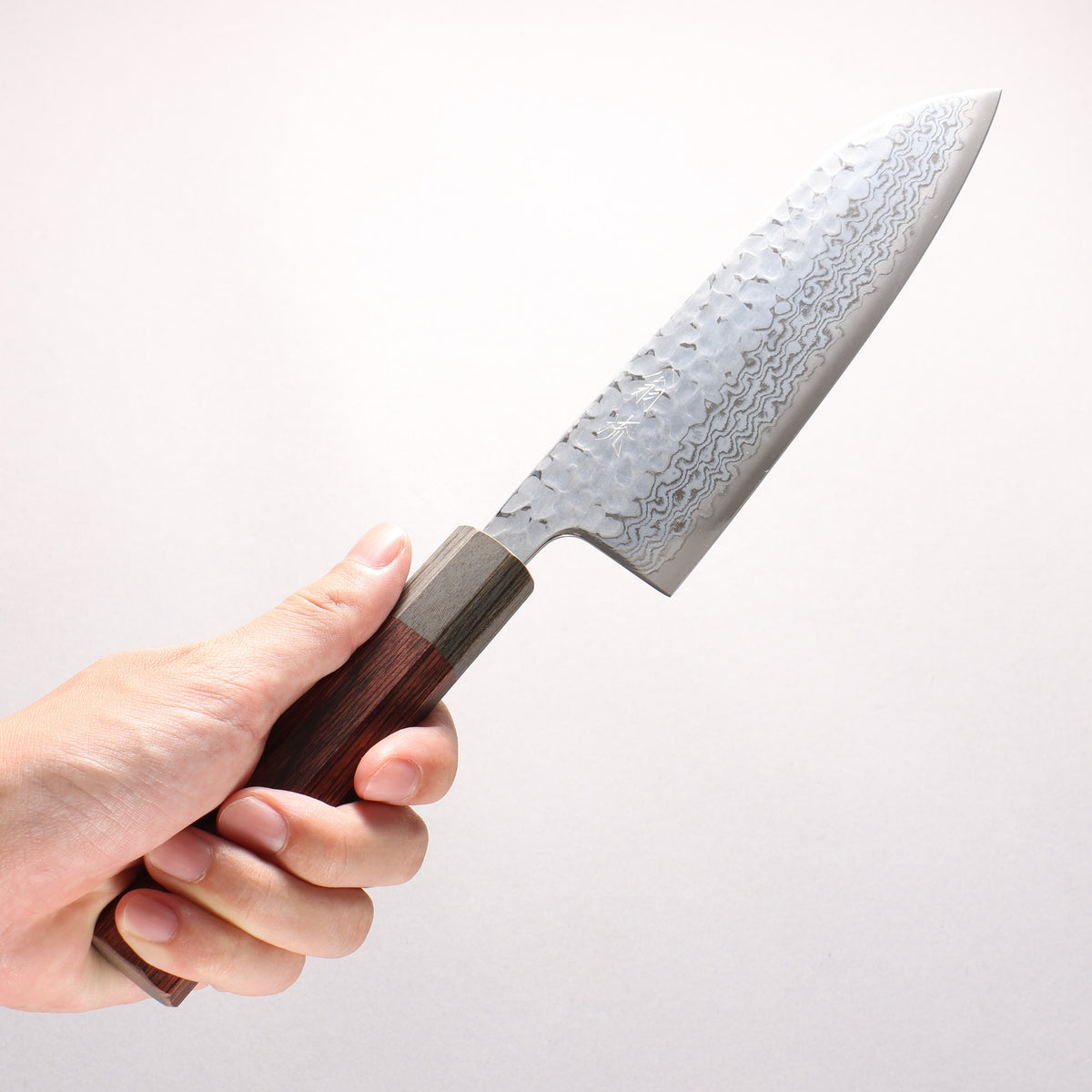 Oul Silver Steel No.3 Hammered Damascus Moon White Santoku 165mm Mahogany Pakka wood Handle - Japanny - Best Japanese Knife