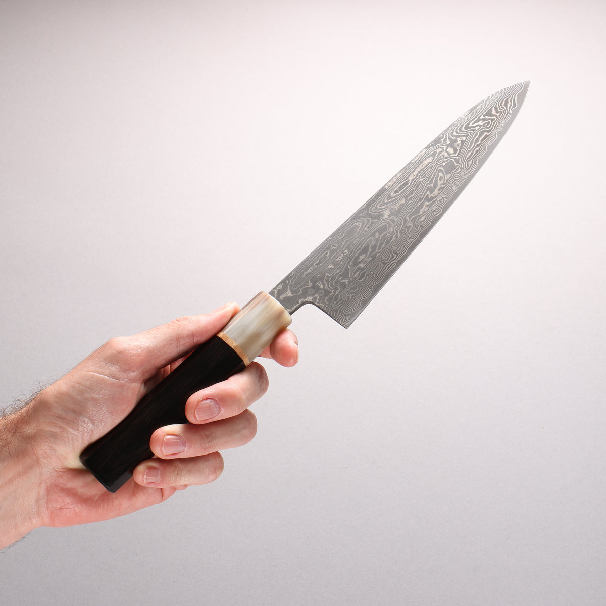 Satoshi Nakagawa SPG STRIX Black Damascus Gyuto 210mm Ebony (1 Maple Ring and Marble Water Buffalo Ferrule) Handle