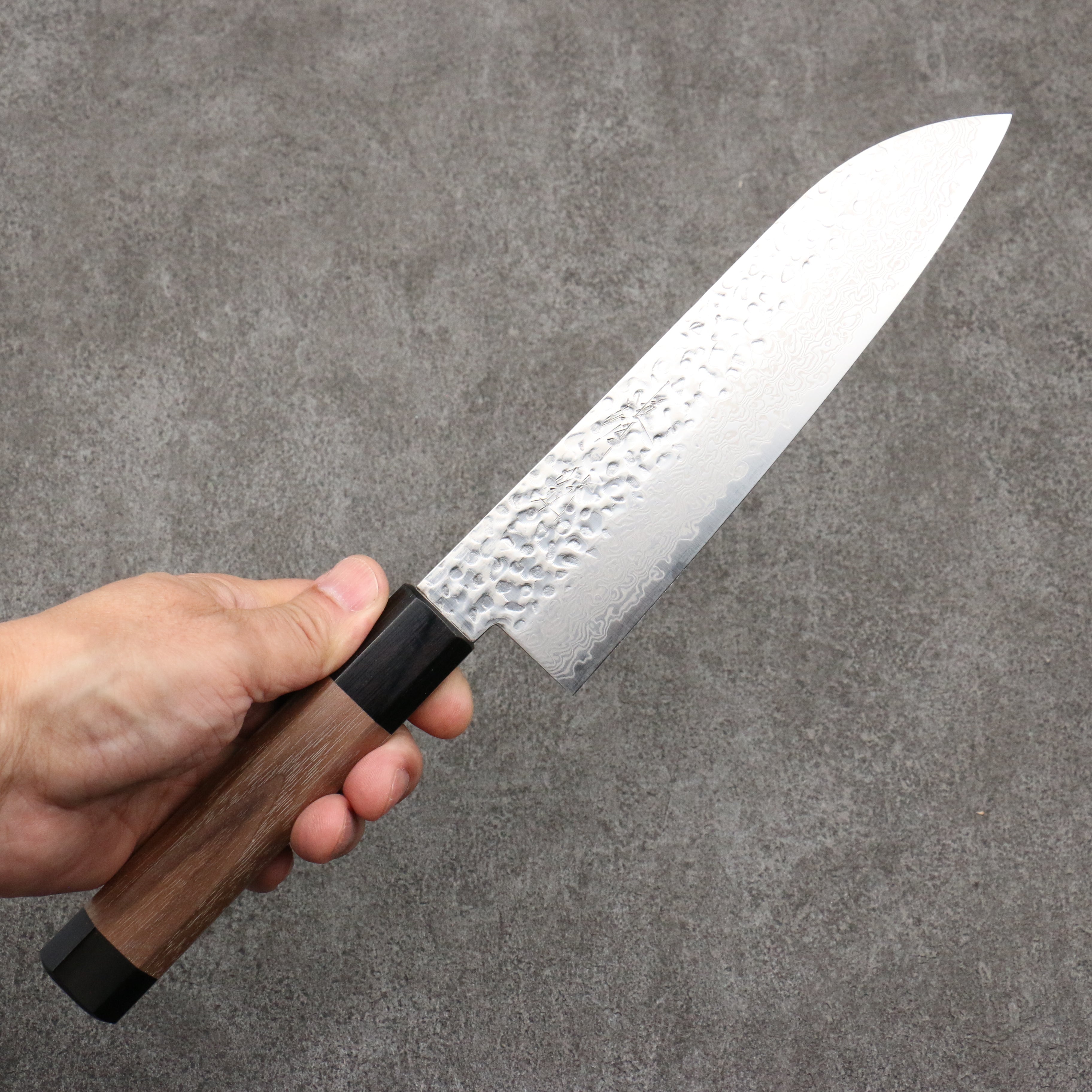 Seisuke Silver Steel No.3 Hammered Damascus Santoku 180mm Walnut (With Double Black Pakka wood) Handle - Japanny - Best Japanese Knife
