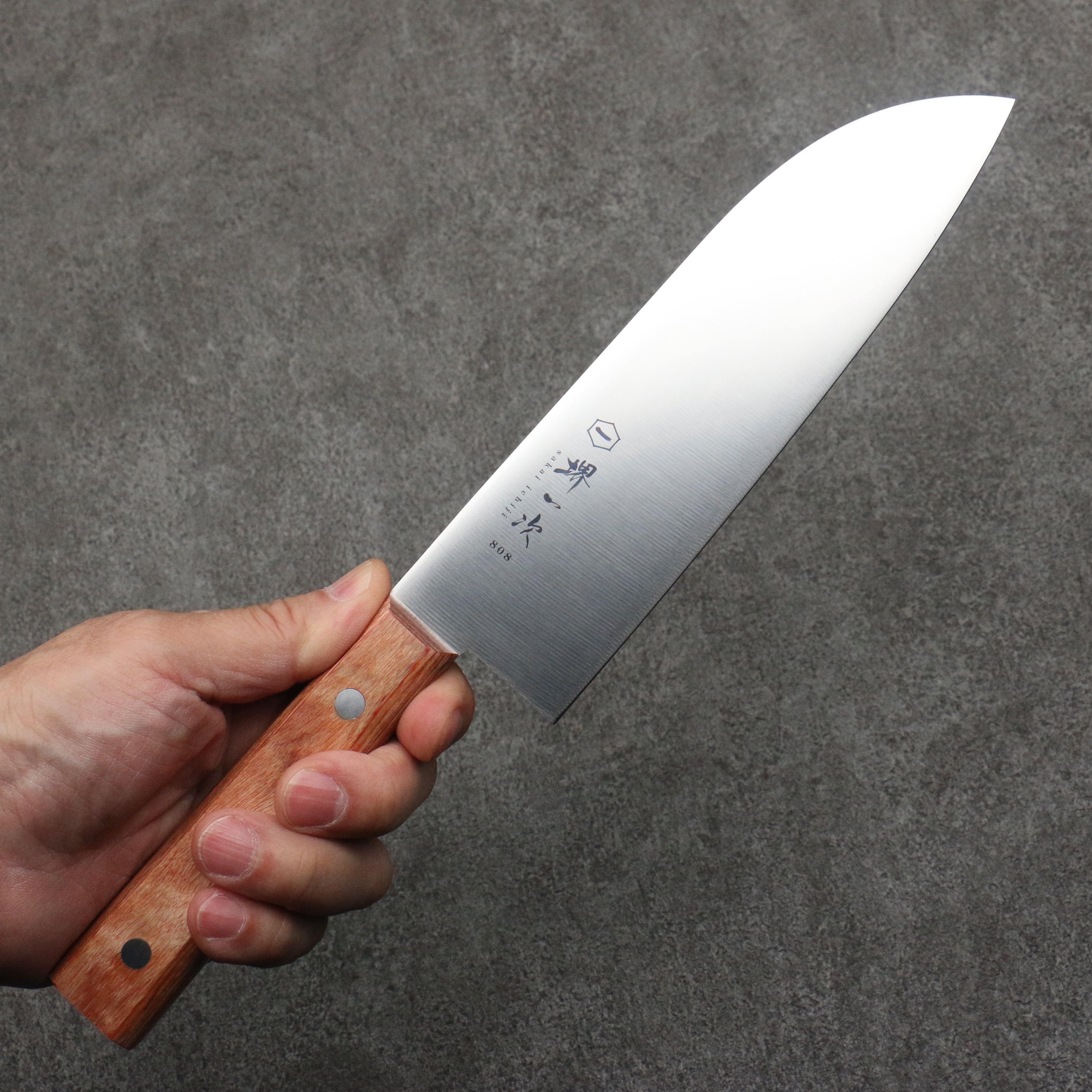 Sakai Ichiji 808 steel Clamshell Shaped Profile Santoku 180mm Light Brown Pakka wood Handle - Japanny - Best Japanese Knife