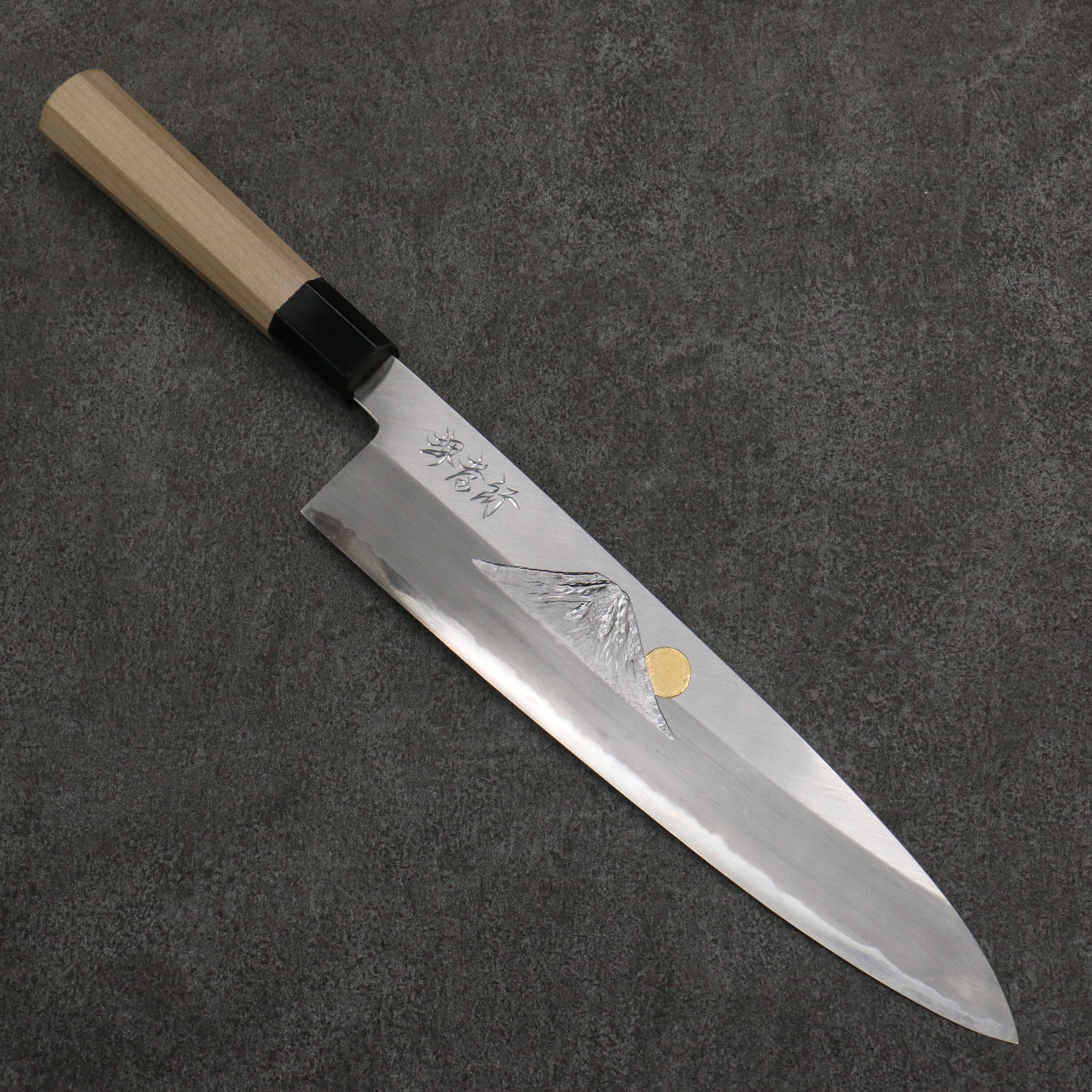 Sakai Takayuki Gold Filled Engraving by Kubota Fuji and Sunset Blue Steel No.2 Gyuto 270mm Magnolia (Ferrule: Water Buffalo Horn) Handle - Japanny - Best Japanese Knife