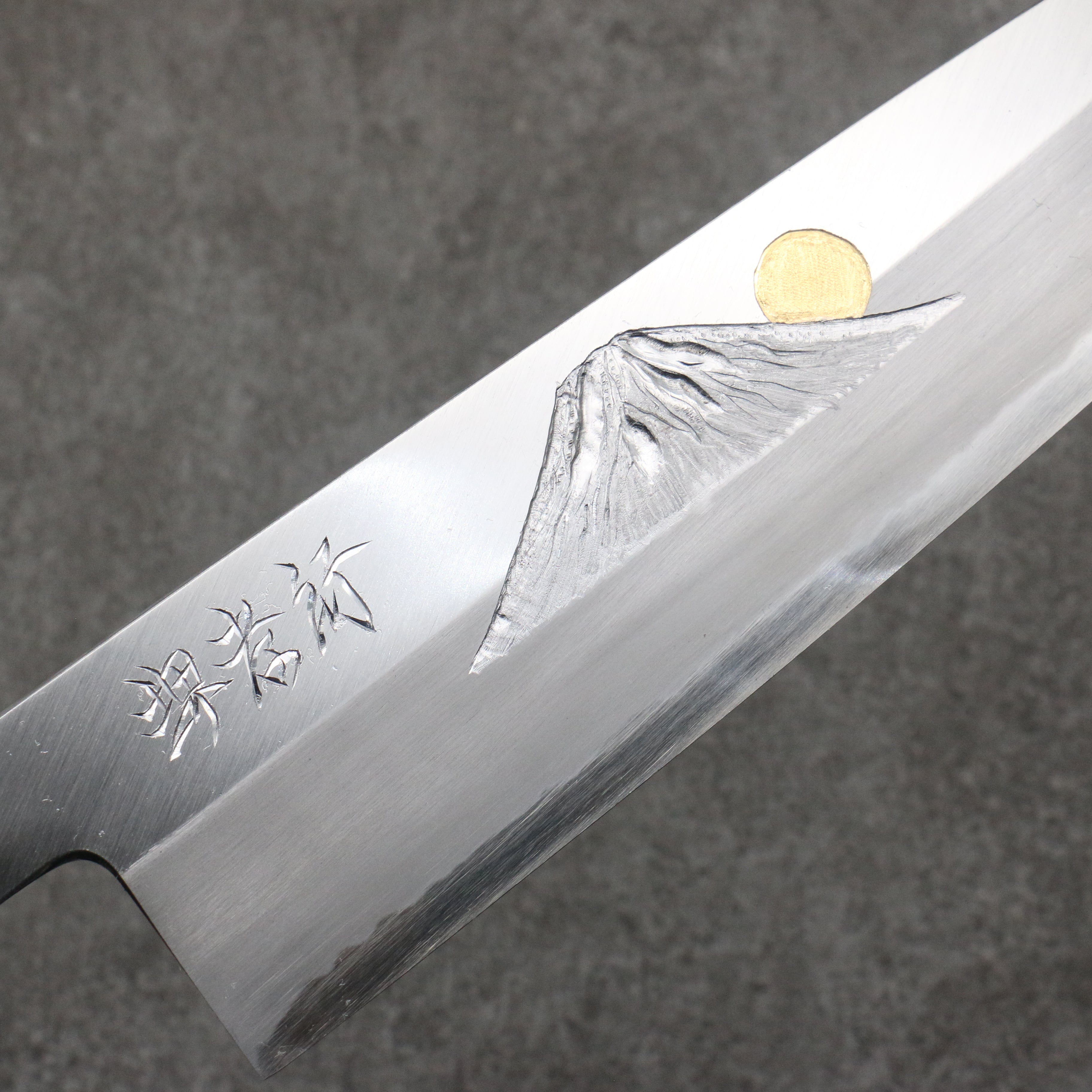Sakai Takayuki Gold Filled Engraving by Kubota Fuji and Sunset Blue Steel No.2 Gyuto 270mm Magnolia (Ferrule: Water Buffalo Horn) Handle - Japanny - Best Japanese Knife