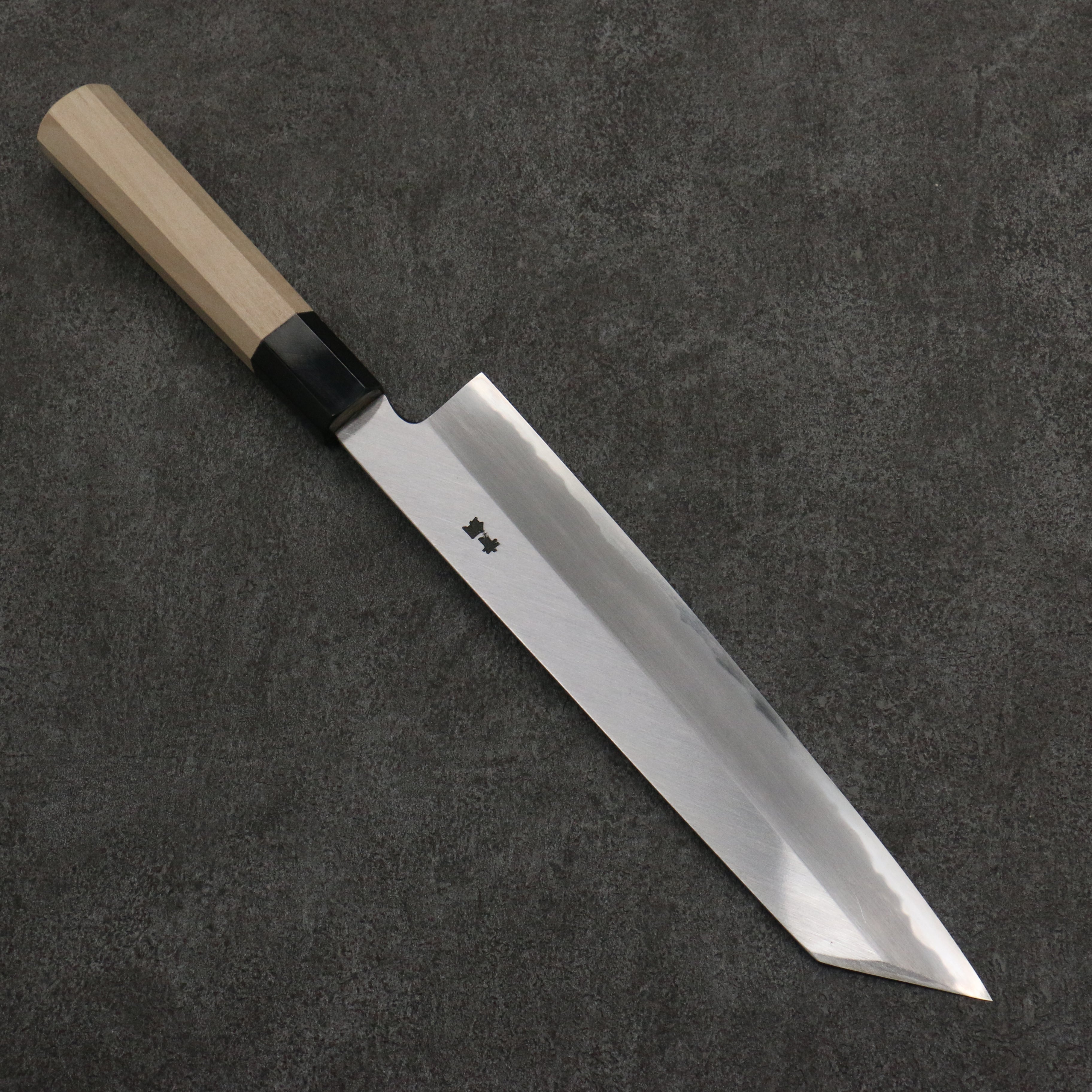 Sakai Takayuki Gold Filled Engraving by Kubota Fuji and Sunset Blue Steel No.2 Kiritsuke Gyuto 240mm Magnolia (Ferrule: Water Buffalo Horn) Handle - Japanny - Best Japanese Knife