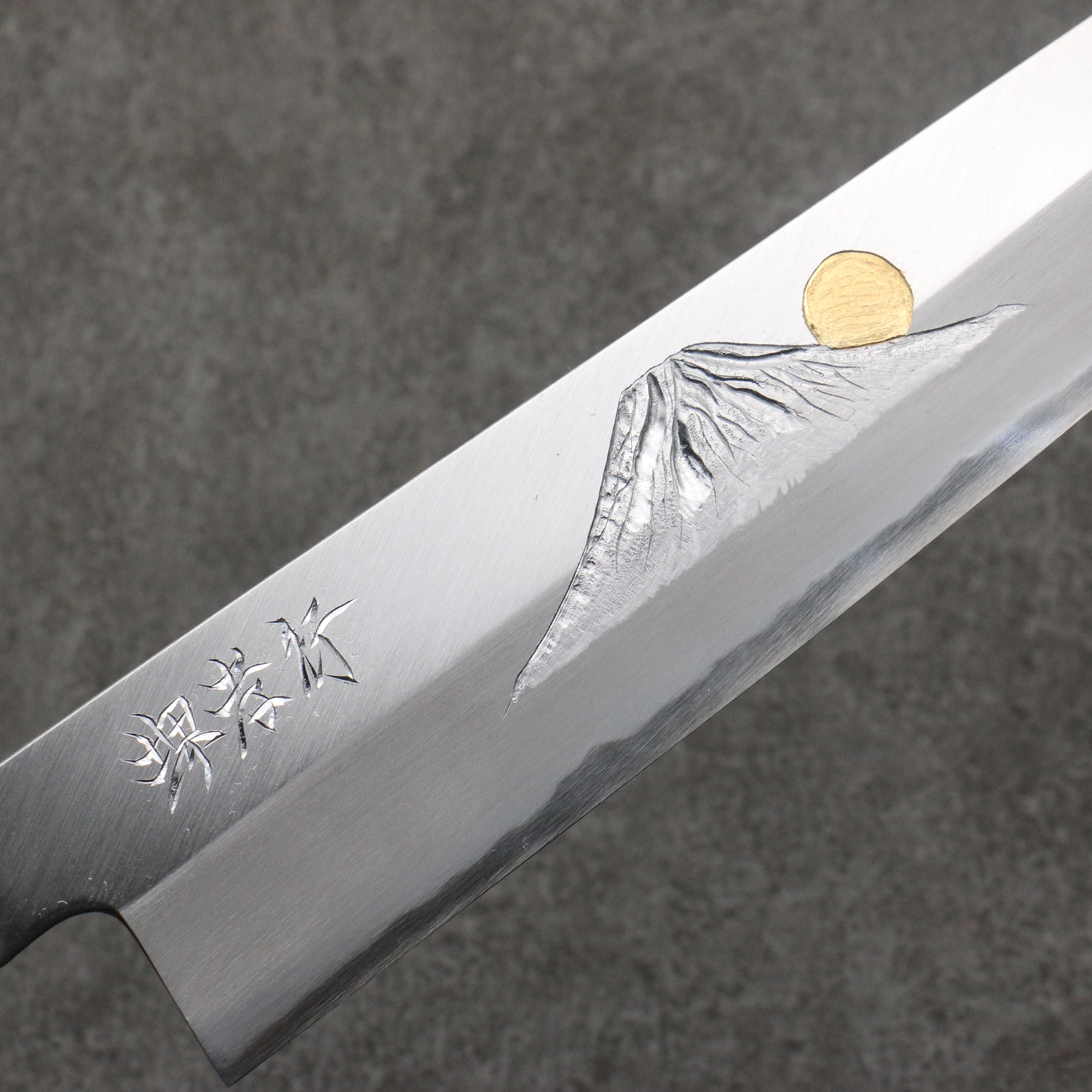 Sakai Takayuki Gold Filled Engraving by Kubota Fuji and Sunset Blue Steel No.2 Kiritsuke Gyuto 240mm Magnolia (Ferrule: Water Buffalo Horn) Handle - Japanny - Best Japanese Knife