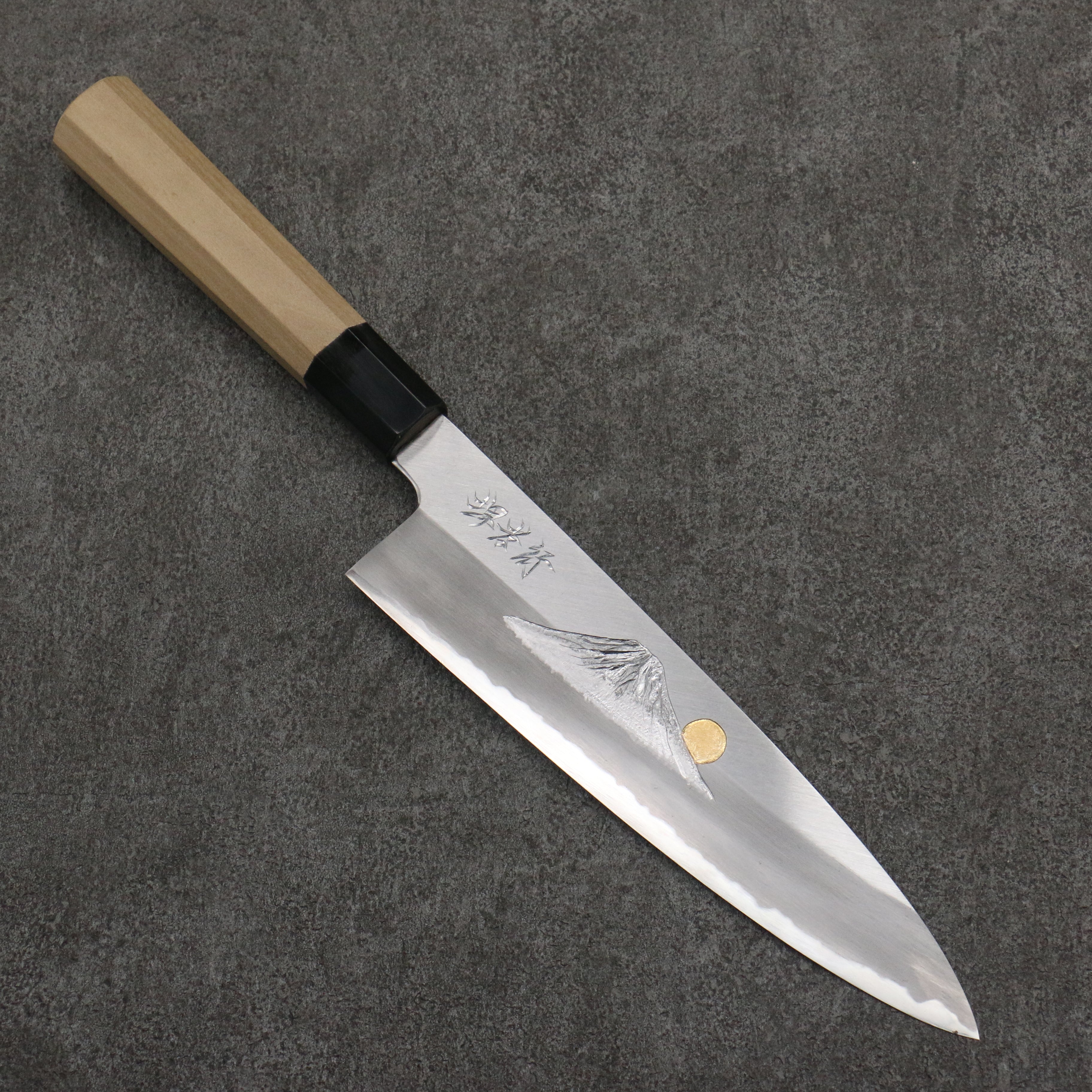 Sakai Takayuki Gold Filled Engraving by Kubota Fuji and Sunset Blue Steel No.2 Gyuto 210mm Magnolia (Ferrule: Water Buffalo Horn) Handle - Japanny - Best Japanese Knife