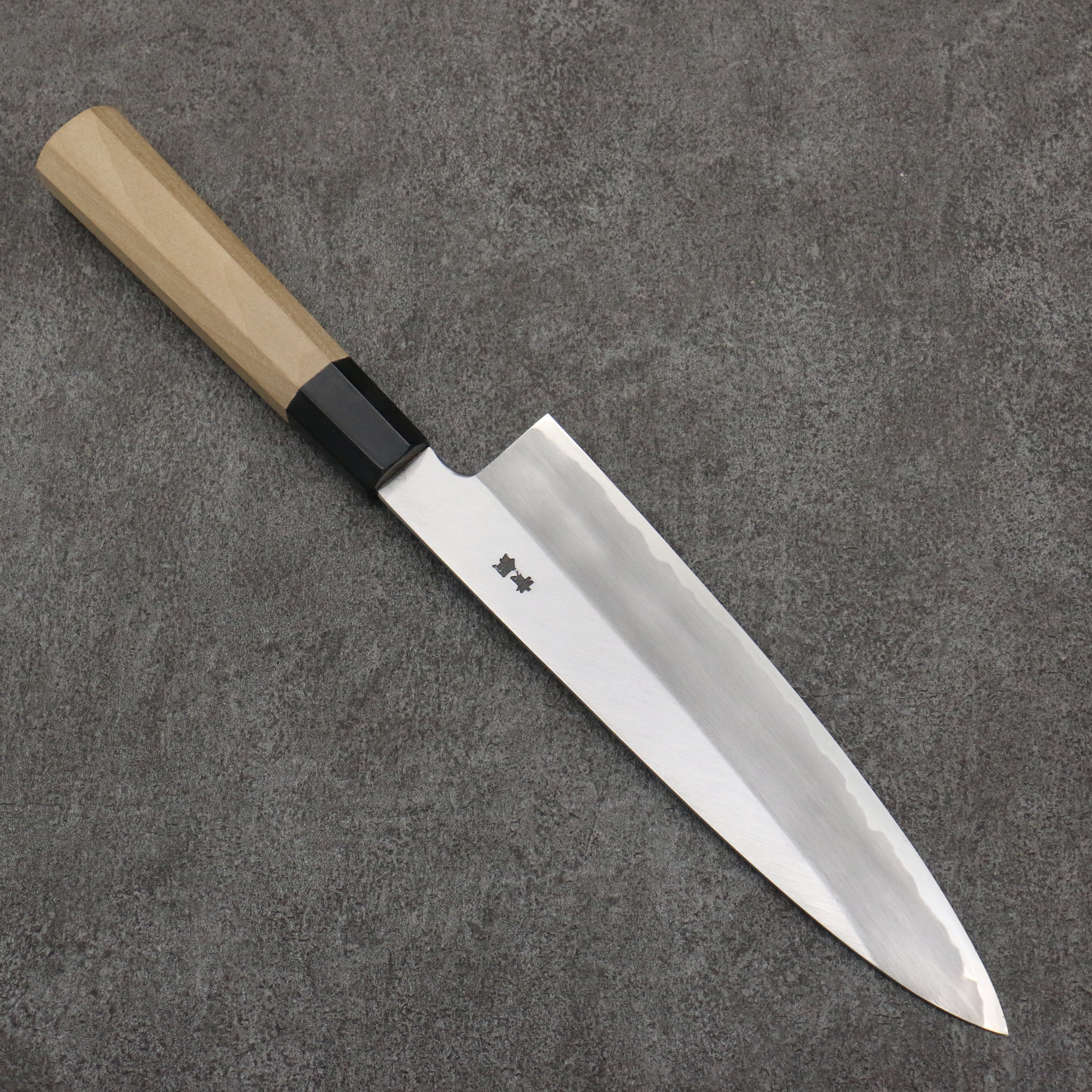 Sakai Takayuki Gold Filled Engraving by Kubota Fuji and Sunset Blue Steel No.2 Gyuto 210mm Magnolia (Ferrule: Water Buffalo Horn) Handle - Japanny - Best Japanese Knife