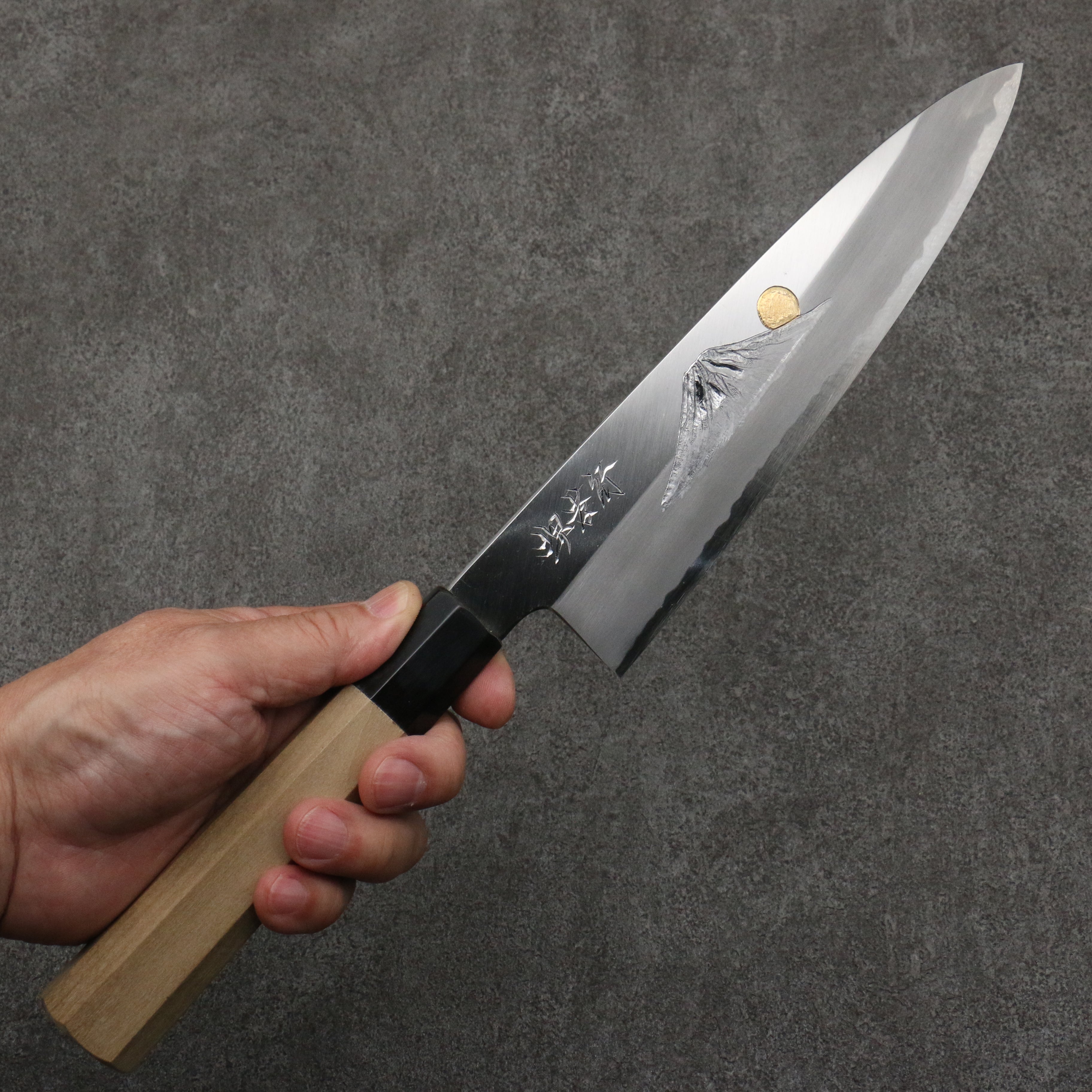 Sakai Takayuki Gold Filled Engraving by Kubota Fuji and Sunset Blue Steel No.2 Gyuto 210mm Magnolia (Ferrule: Water Buffalo Horn) Handle - Japanny - Best Japanese Knife