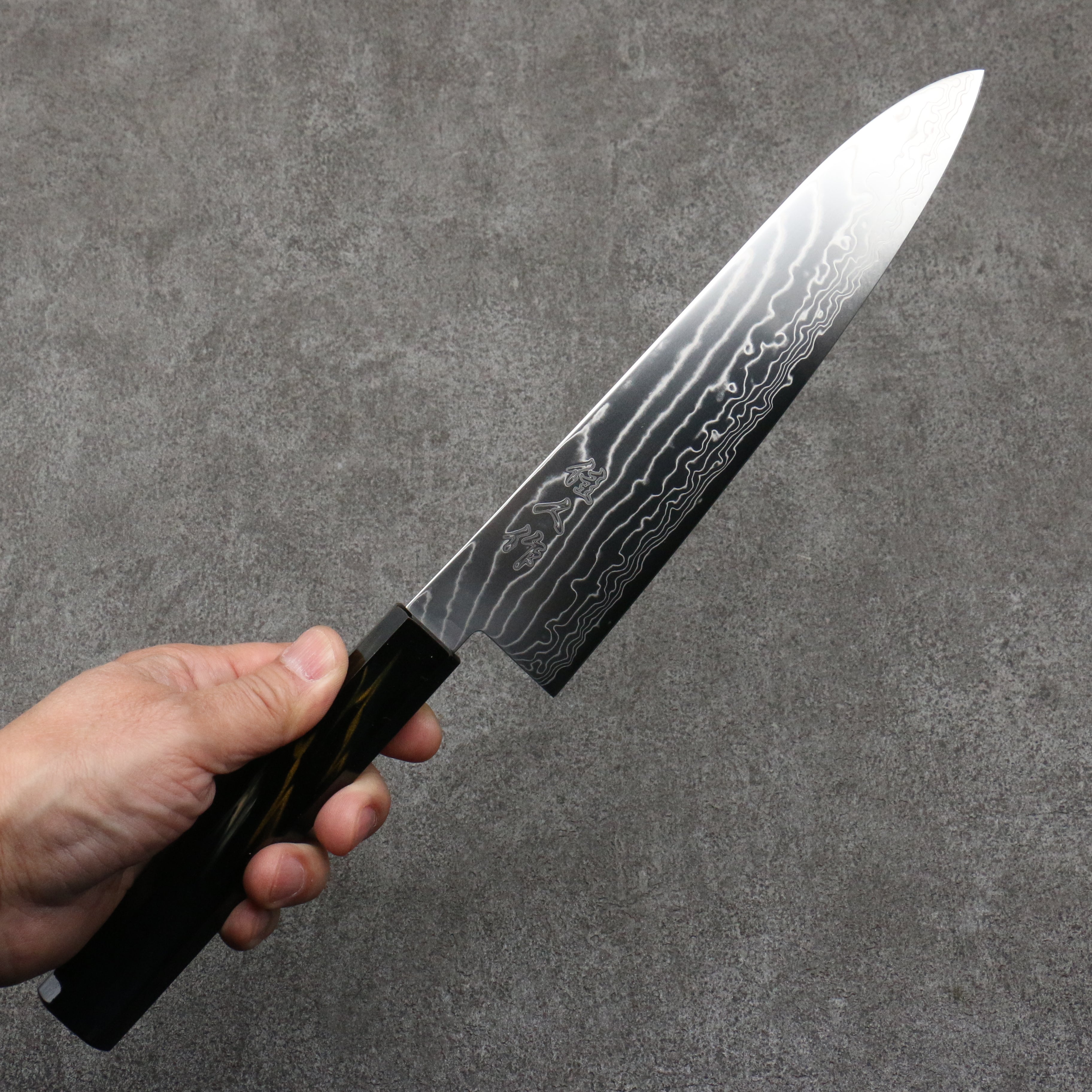 Kajin Cobalt Special Steel Damascus Gyuto 210mm Dark Blue and Gold Lacquered Handle - Japanny - Best Japanese Knife