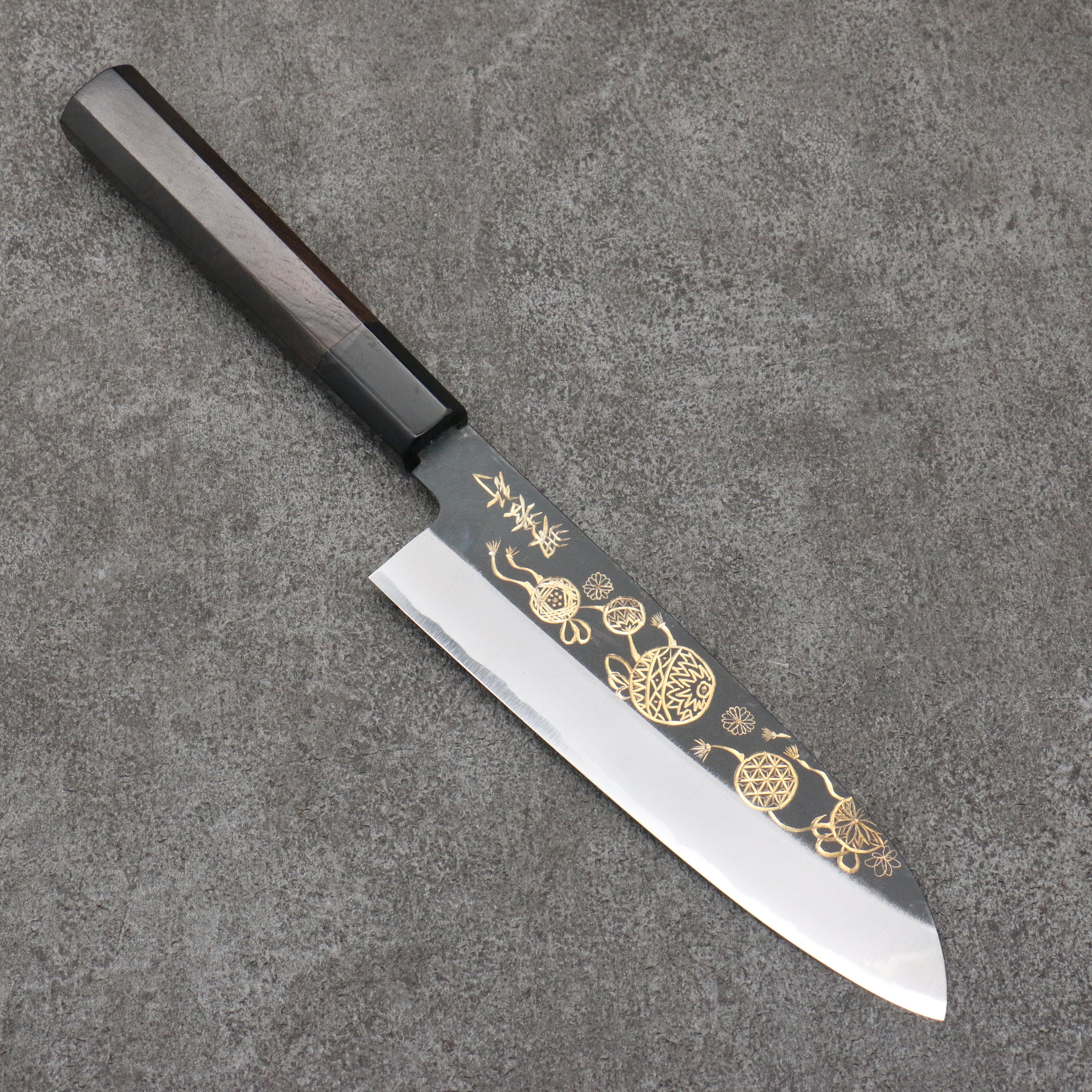 Sakai Takayuki Gold Filled Engraving by Kubota Temari White Steel No.2 Black Finished Santoku 180mm Ebony Wood Handle - Japanny - Best Japanese Knife