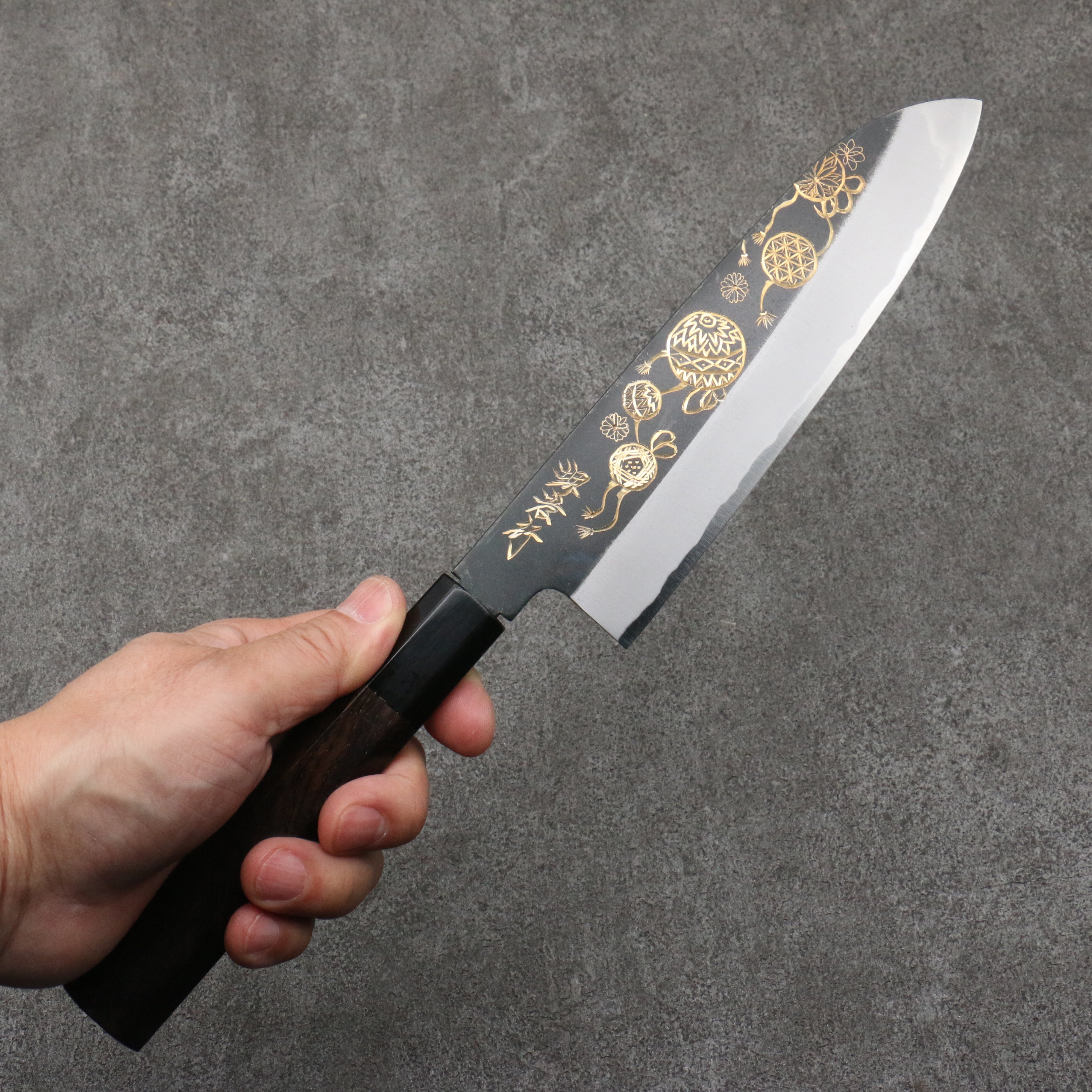 Sakai Takayuki Gold Filled Engraving by Kubota Temari White Steel No.2 Black Finished Santoku 180mm Ebony Wood Handle - Japanny - Best Japanese Knife