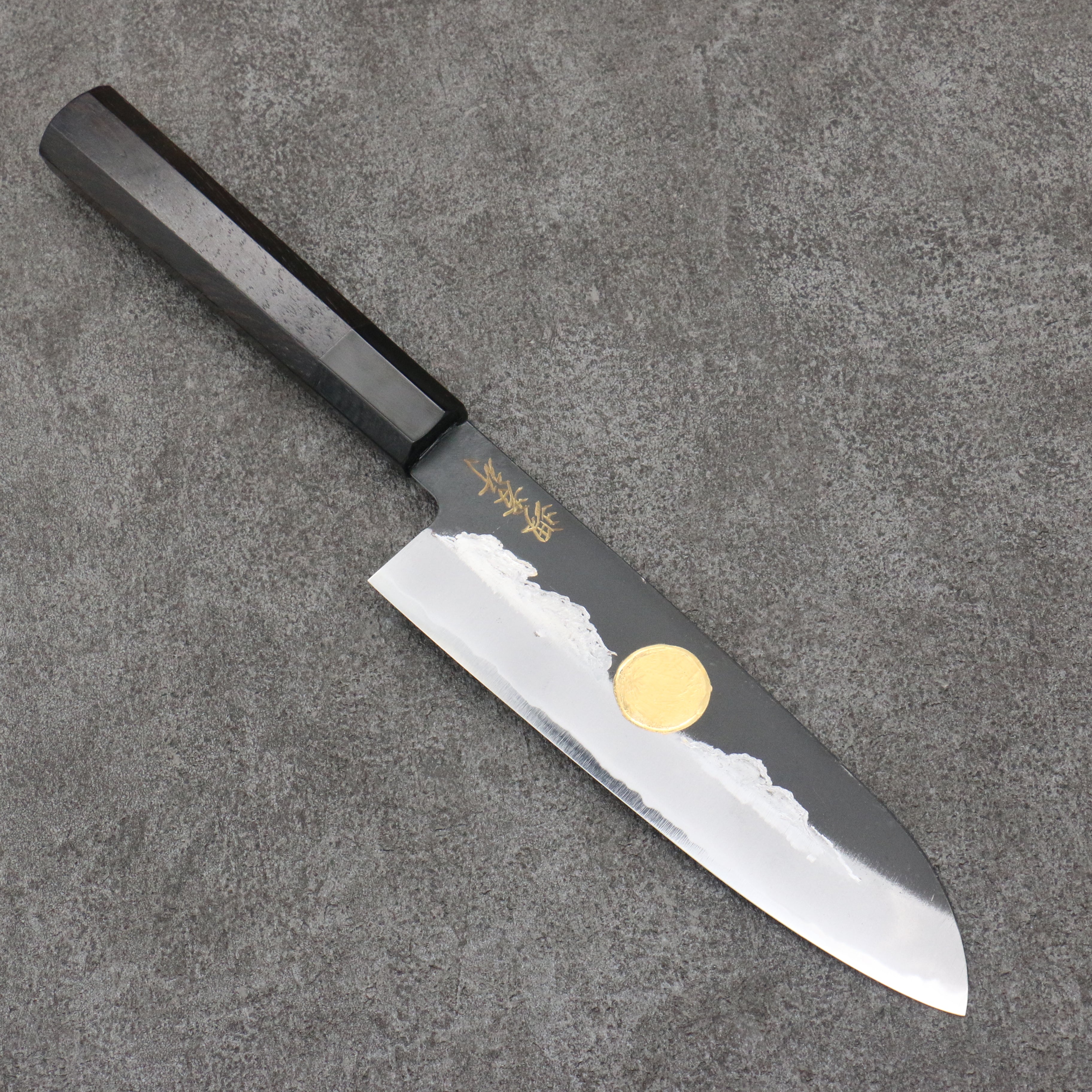 Sakai Takayuki Gold Filled Engraving by Kubota Jyurokuya White Steel No.2 Black Finished Santoku 180mm Ebony Wood Handle - Japanny - Best Japanese Knife