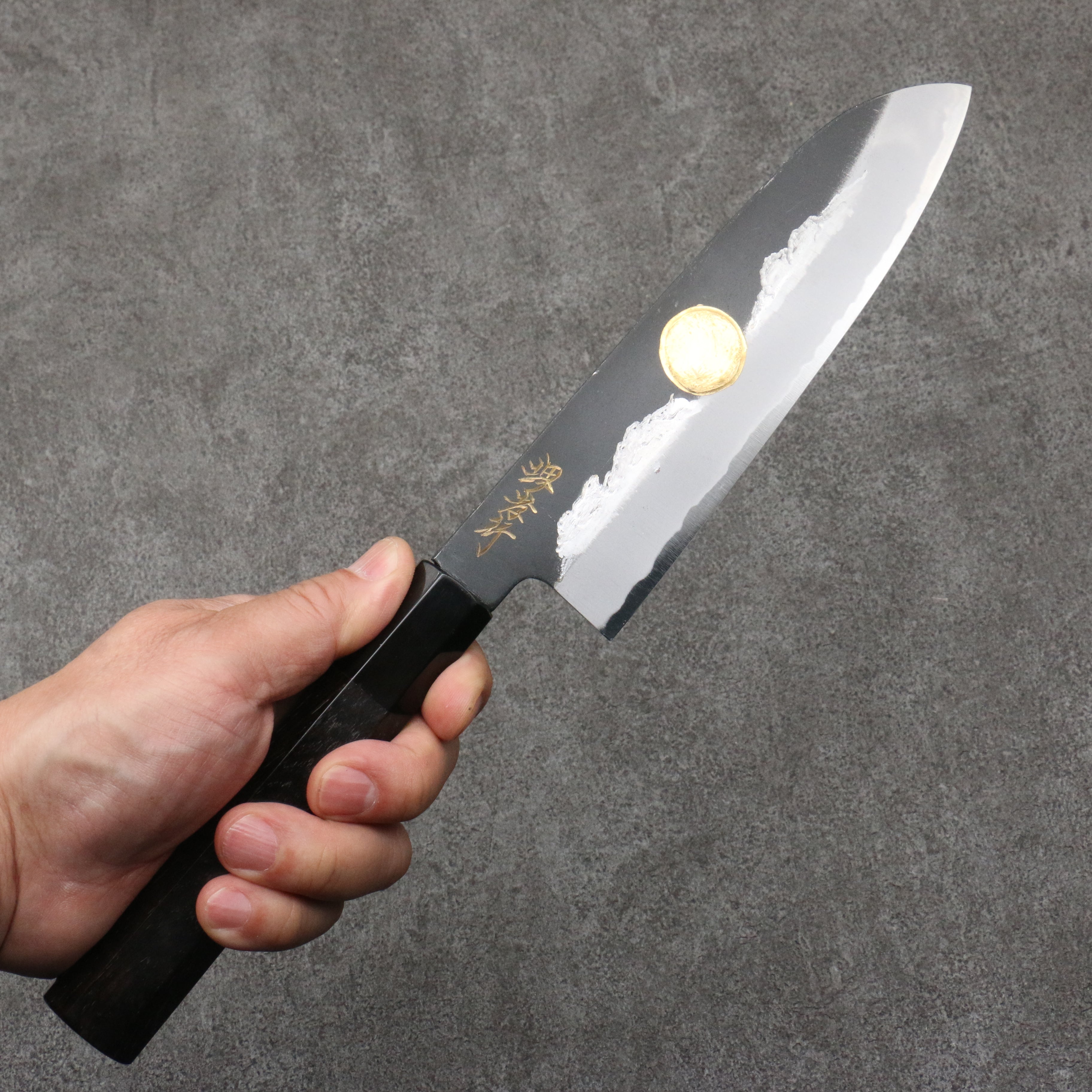Sakai Takayuki Gold Filled Engraving by Kubota Jyurokuya White Steel No.2 Black Finished Santoku 180mm Ebony Wood Handle - Japanny - Best Japanese Knife