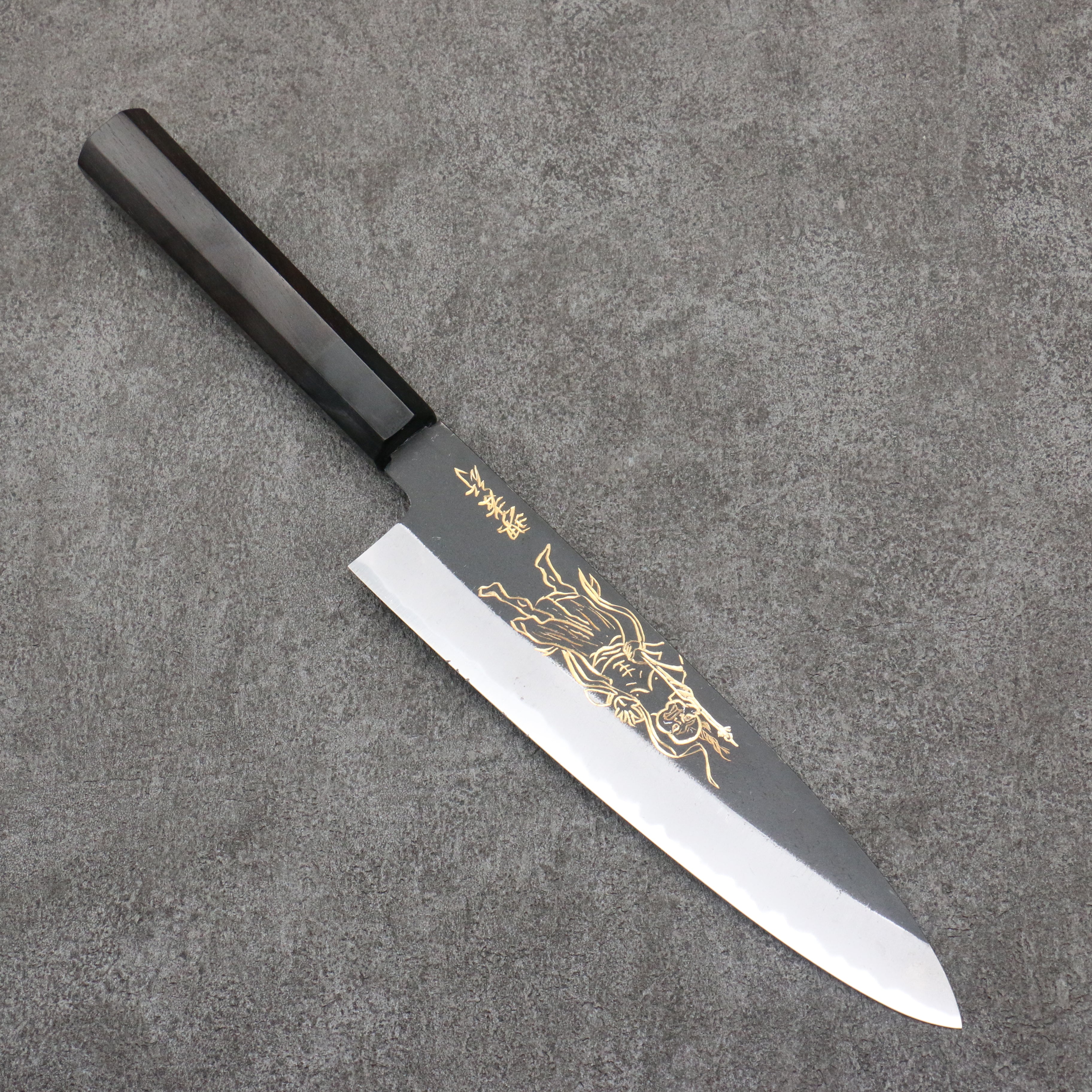 Sakai Takayuki Gold Filled Engraving by Kubota Kongourikishi White Steel No.2 Black Finished Gyuto 210mm Ebony Wood Handle - Japanny - Best Japanese Knife