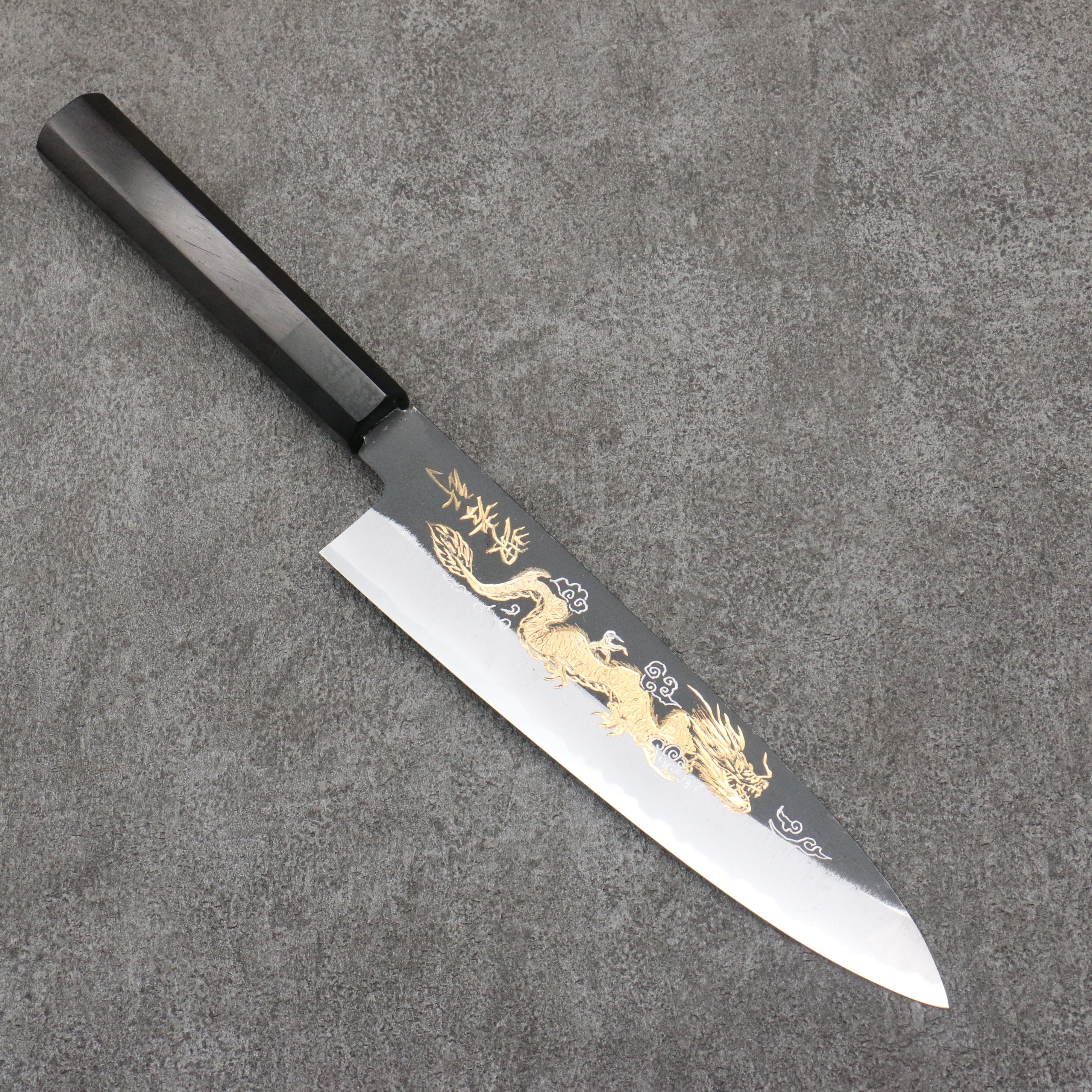 Sakai Takayuki Gold Filled Engraving by Kubota Unryu White Steel No.2 Black Finished Gyuto 210mm Ebony Wood Handle - Japanny - Best Japanese Knife